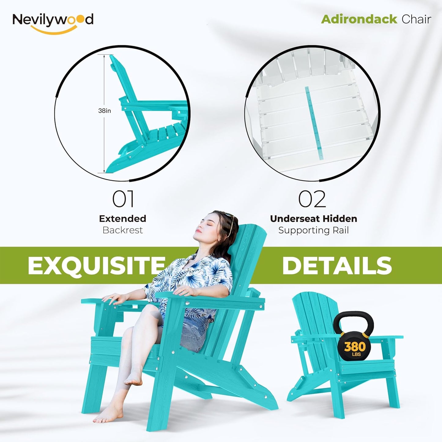Folding Adirondack Chair - Extended Ergonomic Backrest, Cup Holder - Easy Assembly - Durable HDPE Plastic, Weather Resistant & Maintenance-Free - Lawn, Patio, Deck Supports 380lbs Aruba