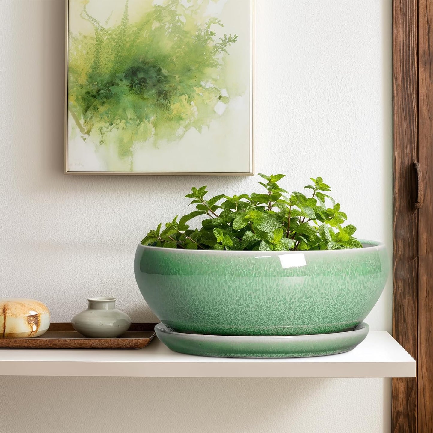 SQOWL Succulent Planter 12 Inch - Ceramic Bonsai Pots with Drainage Hole and Saucer, Large Shallow Planter, Bowl Round Planter for Indoor Outdoor Plants Flower, Room Decor, Birthday Gifts, Green