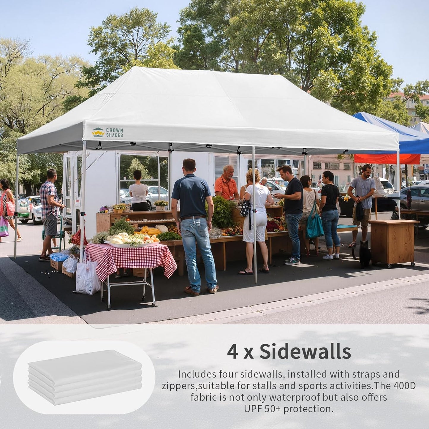 CROWN SHADES 10x20 Pop Up Canopy Tent, Thicken Frame Commercial Heavy Duty Tent, 4 Sidewalls 8 Stakes & 4 Sandbags & 4 Ropes, Outdoor Canopies for Events, Parties,White