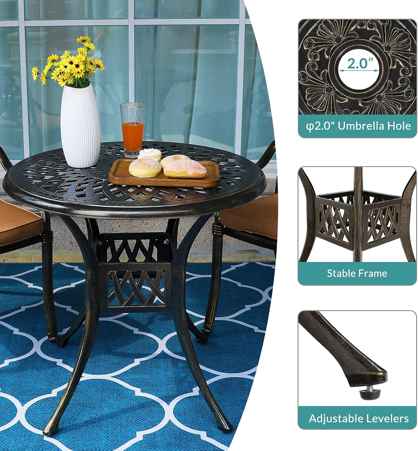 MEETWARM 3 Piece Patio Bistro Set, Outdoor All-Weather Cast Aluminum Dining Furniture Set Includes 2 Cushioned Chairs and a 31” Round Table with Umbrella Hole for Garden Deck