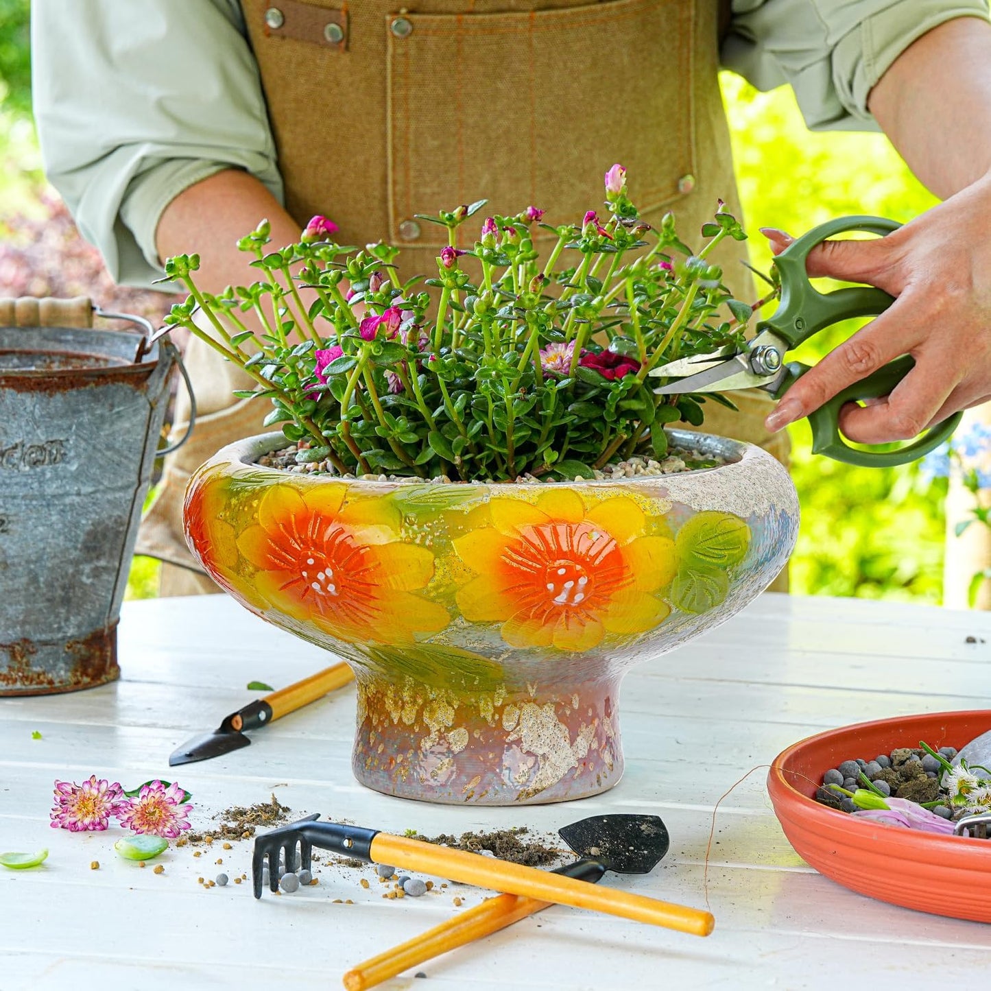 Sungmor 9.6 Inch Large Succulent Plant Pots, Pretty Hand Painted Ceramic Planter with Drainage, Indoor Outdoor Cactus Planter Bonsai Pot, Flower Pot for Indoor Plants Garden Windowsill Desktop Decor