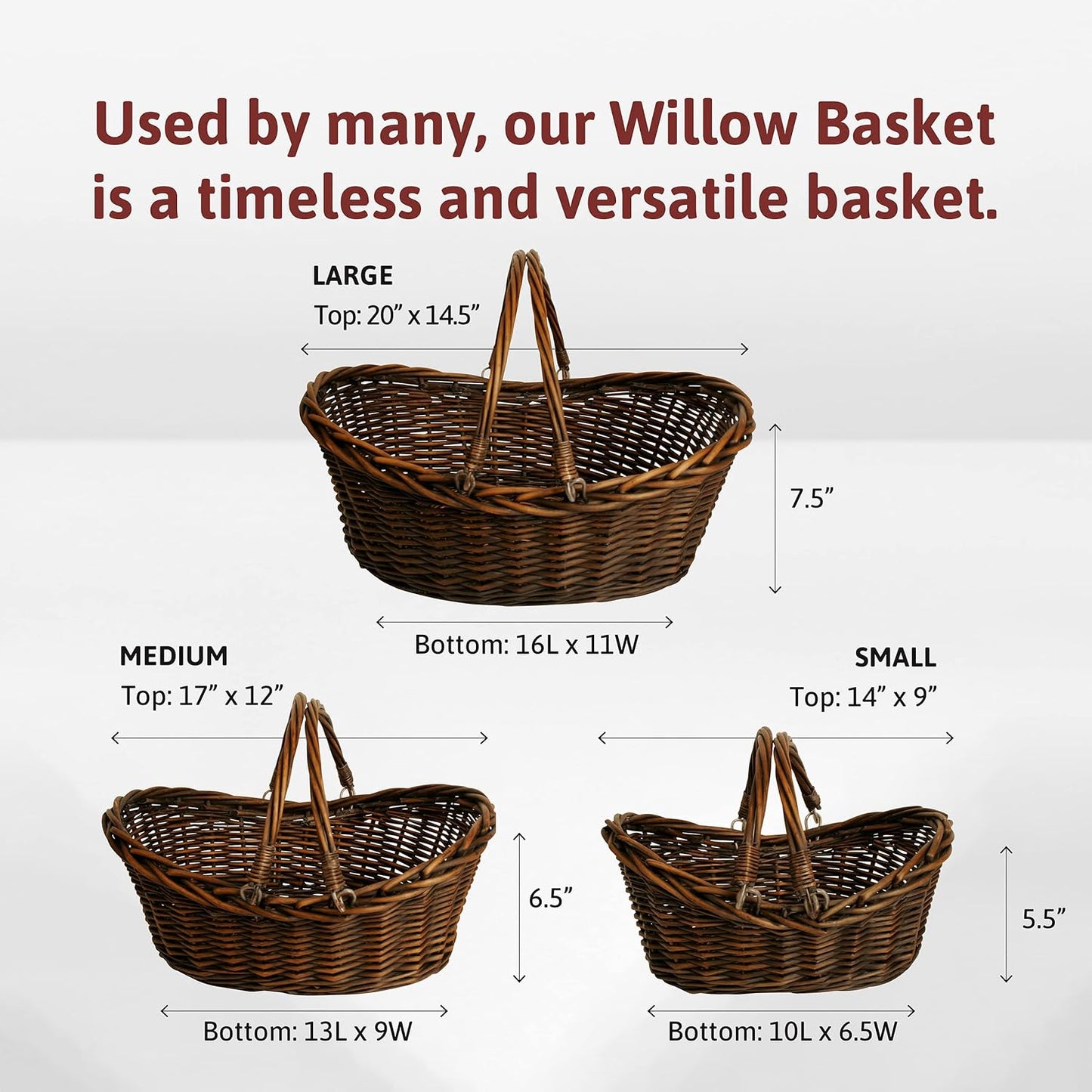 Wald Imports - Medium Dark Brown Hand Woven Wicker Basket for Storage with Handles - Woven Basket - Wicker Baskets for Picnics, Easter, Organizing, and More (17 x 6.5 inches)