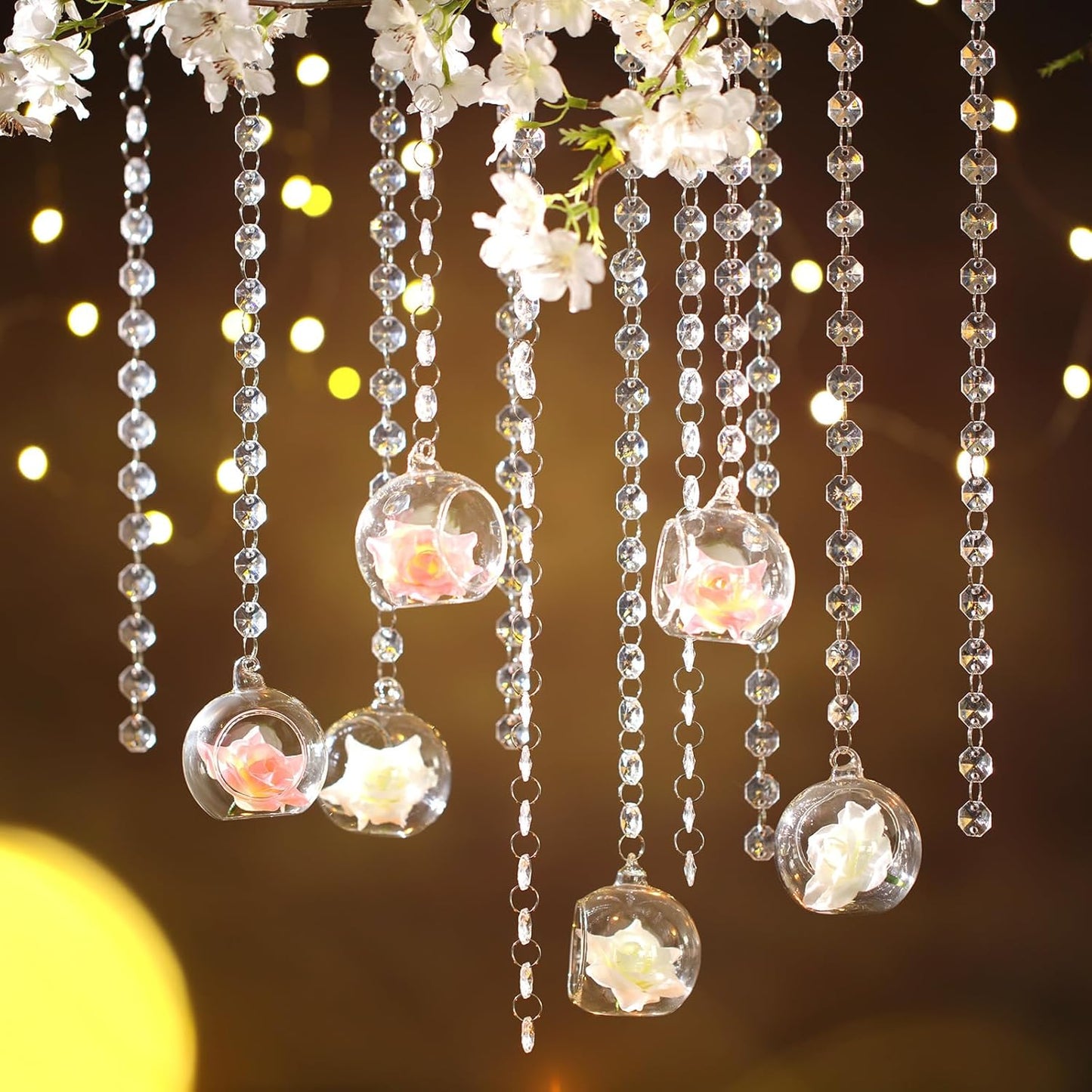 24 Sets Hanging Glass Candle Holder Wedding Glass Globe with Acrylic Gems Bead Garland Tea Light Holder Orbs Container for Flower Plants Micro Landscape DIY Xmas Tree Party Decoration 2.36 Inch