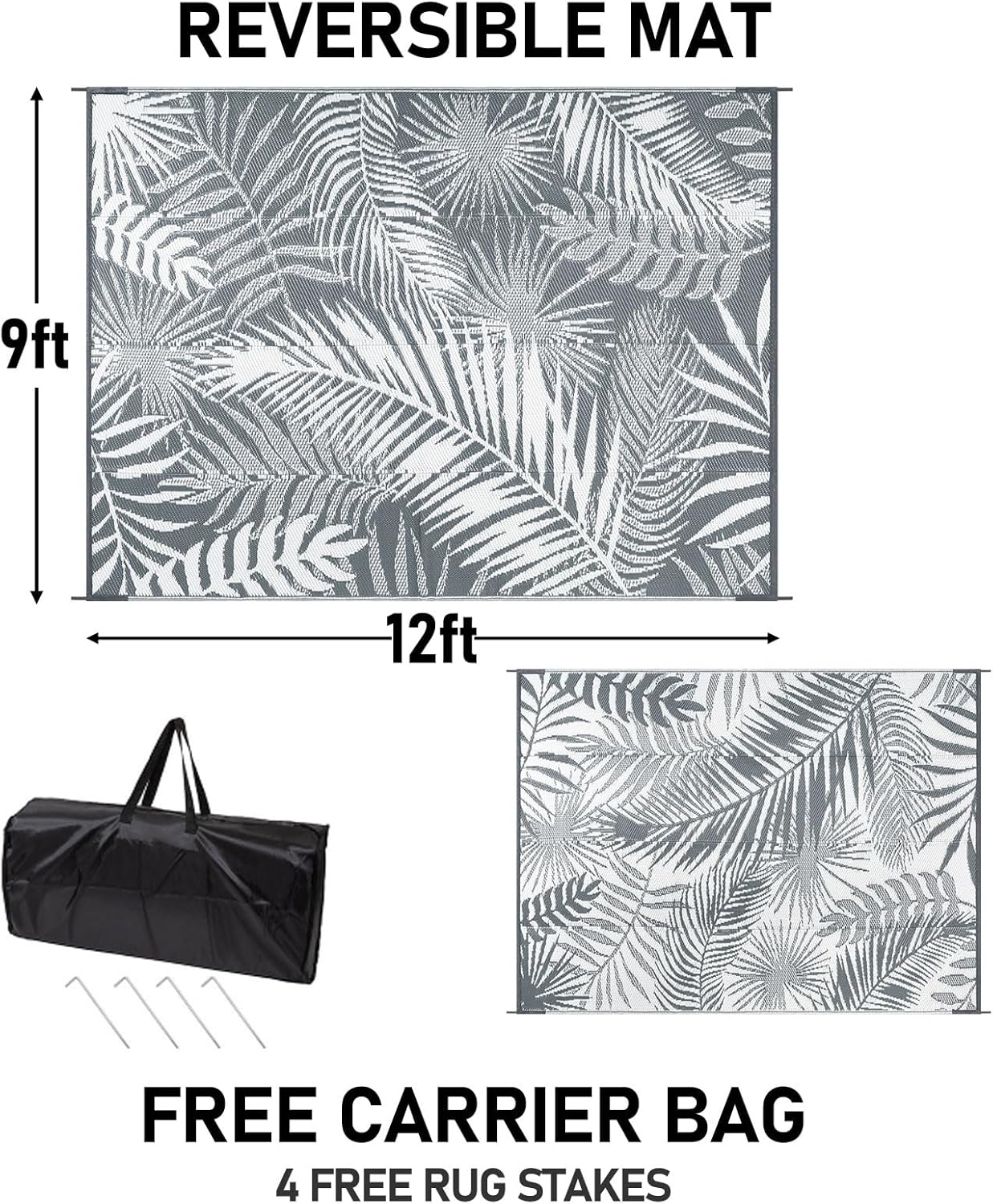 HiiARug Outdoor Reversible Plastic Straw Rug, 9'x12', Cool Gray, Large Patio Mat for RV, Backyard, Deck, Picnic, Beach, Trailer, Camping