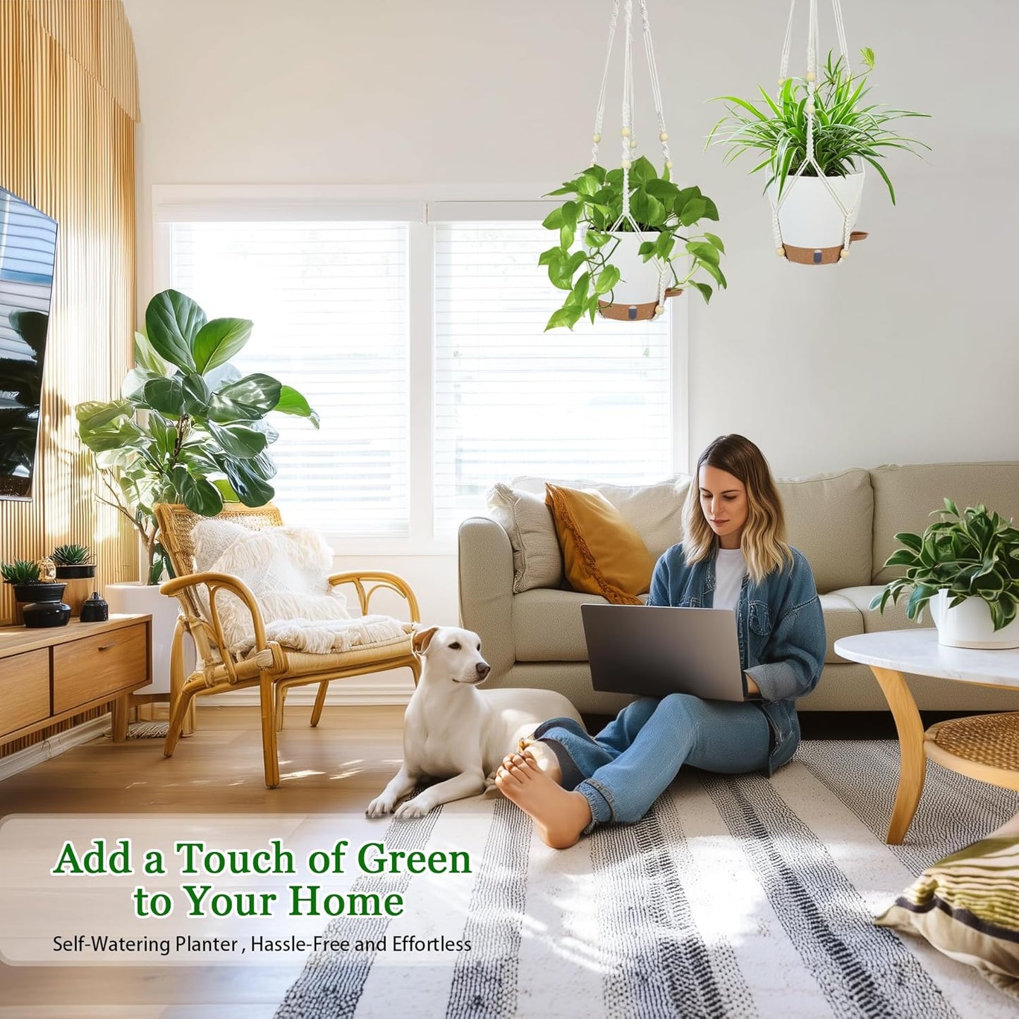 Hanging Planter for Indoor Plants 8 Inch, 2 Pack Hanging Baskets for Plants, Self Watering Hanging Flower Pots with Drainage Hole & 2 Kinds of Plant Hangers for Garden Home Decor (White, 8 inch)