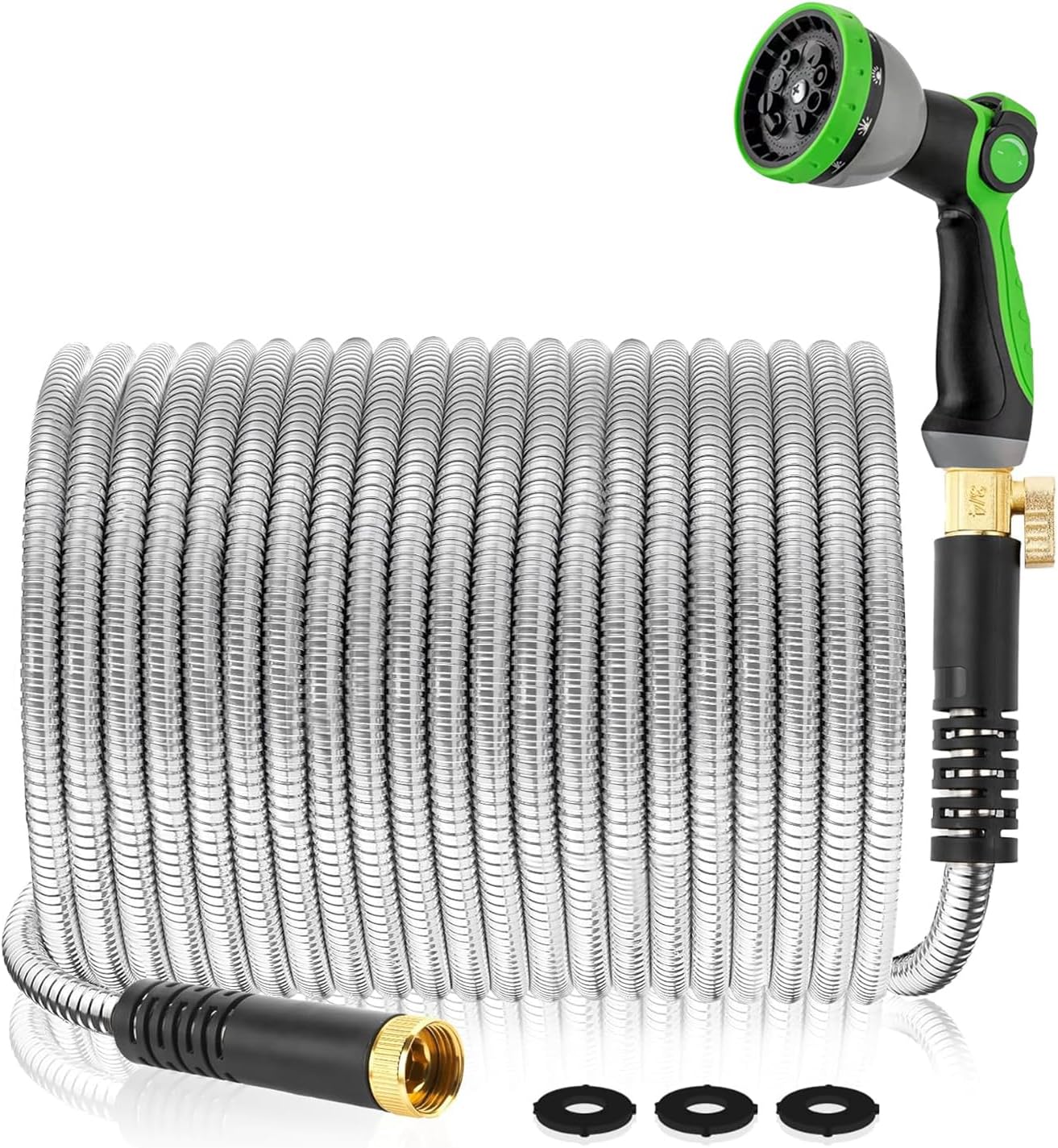 Metal Garden Hose 200Ft Stainless Steel Water Hose Heavy Duty with 10 Way Nozzle-Flexible Lightweight Durable No Kink & Tangle，Strong 3/4’’ Solid Metal Fitting Shut-Off Valve for Outdoor Yard