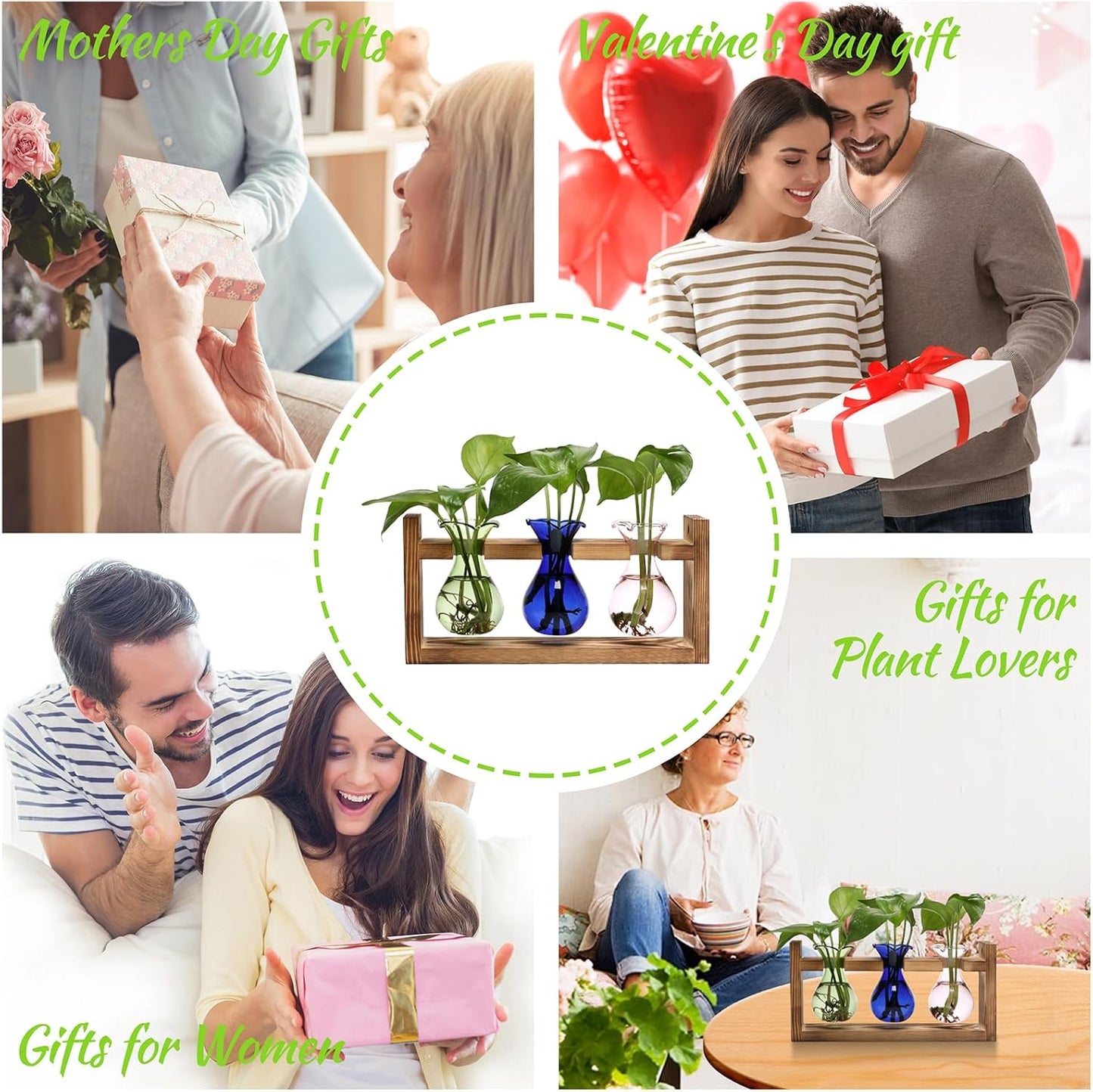Plant Propagation Station Plant Terrarium Unique Birthday Gifts for Women Plant Lovers Home Office Decor Planter with Wooden Stand - 3 Bulb Glass Vase