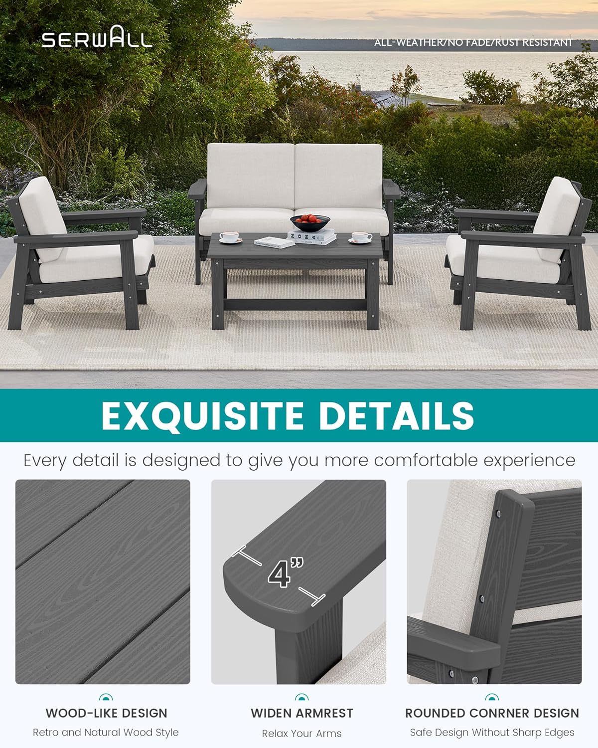 SERWALL HDPE Patio Furniture Set with 15FT Double Side Patio Umbrella, All Weather Wood-Like Outdoor Sofa Sectional Couch, Grey Patio Furniture with Khaki Cushions