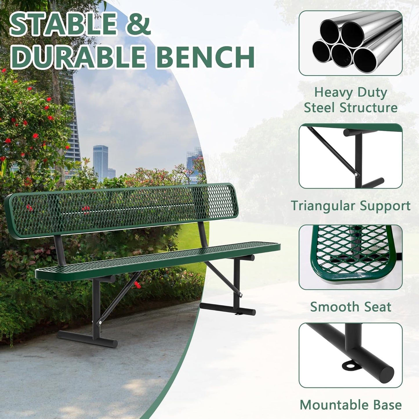 Heavy Duty Park Bench with Back Portable Frame, Outdoor Steel Bench with Backrest, Outdoor Park Bench Expanded Metal Mesh Bench for Lawn, Park, Deck, Garden, Patio, Porch, Black (Green, 8FT)