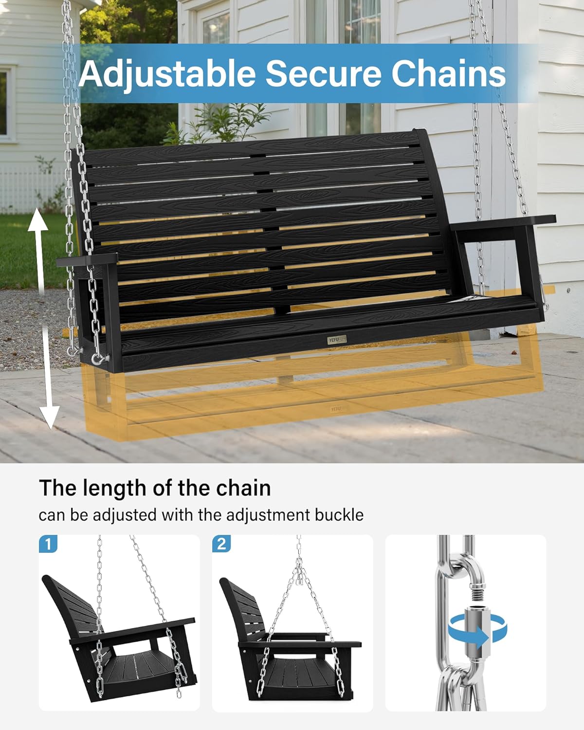 YEFU Hanging Porch Swing Set of 2,2-Seat Patio Swing Bench,All-Weather Swing Chair with Hanging Chains,Look Like Real Wood,for Garden and Courtyard,800LBS Weight Capacity,4FT,Black