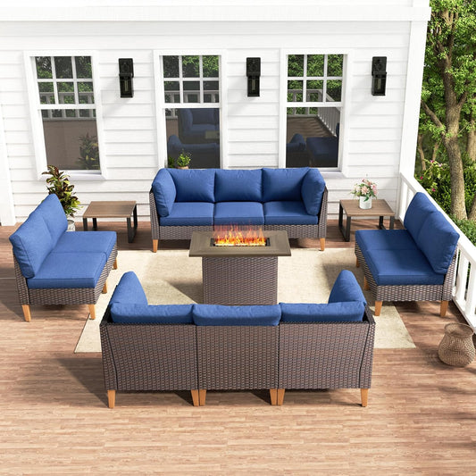 HUMMUH Patio Furniture Set with Fire Pit,Outdoor Modular Sectional Couch Loveseat Chairs with Table,All Weather PE Wicker Patio Conversation Sets for Deck Porch Backyard