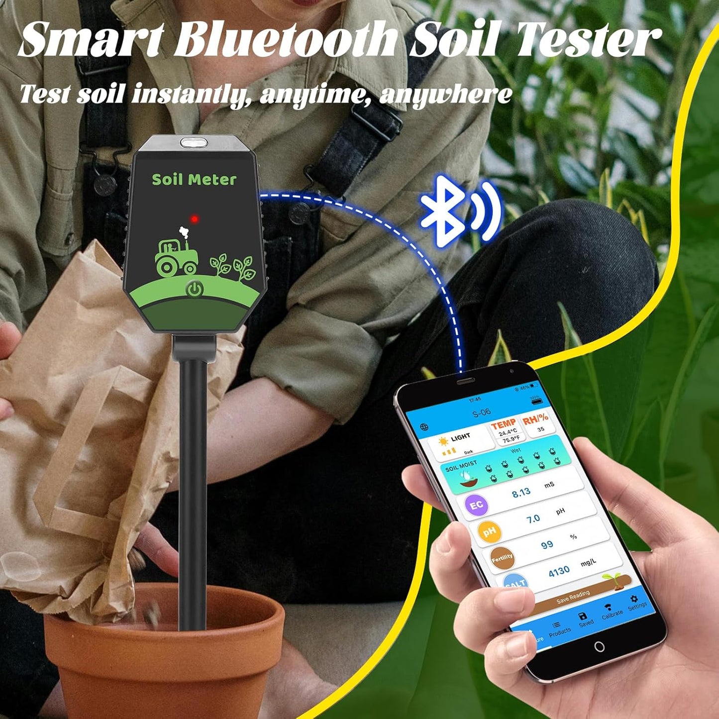 Smart Soil pH Tester Digital Soil Moisture Tester 8 in 1- pH, EC, Moisture, Fertility, Salinity, Sunlight, Humidity, Temperature Monitor Soil Test Kit for Garden, Lawn, Hydroponics