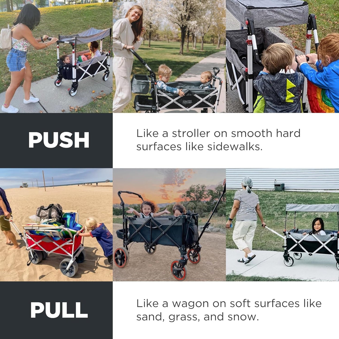 Creative Outdoor Wagon for Kids Push Pull Collapsible Stroller with Canopy Folding Cart | Titanium Series Plus | Beach, Park, Garden (Black & Grey)