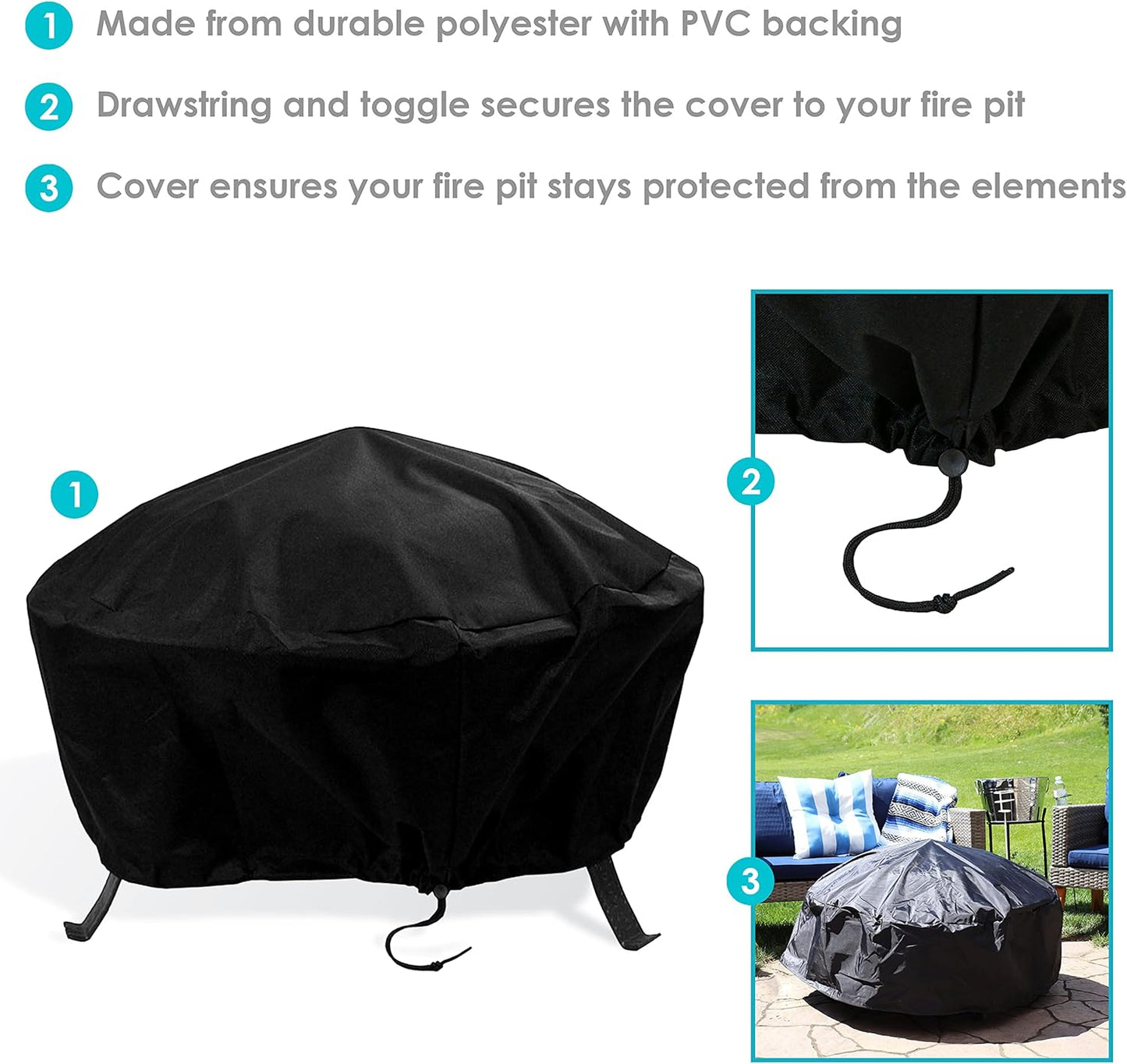 Sunnydaze Round Outdoor Fire Pit Cover - Heavy-Duty 300D Polyester and PVC with Drawstring Closure - Black - 48-Inch