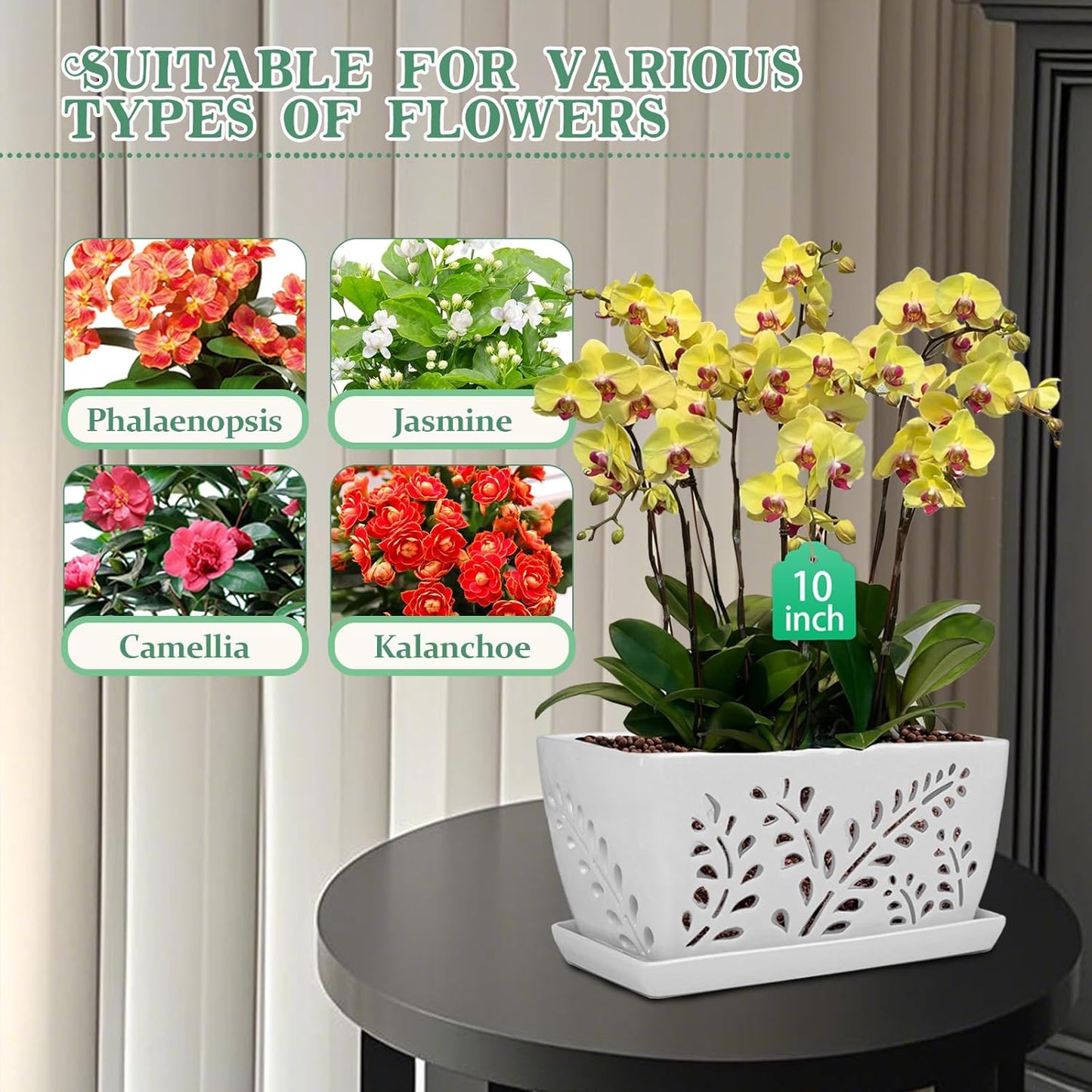 Ceramic Orchid Pot, 10 Inch Rectangular Orchid Pots with Holes, Premium Thickened Handmade Glazed Pot for Orchidaceae Plants, Indoor Outdoor Decorative Flower Pot for Easy Repotting