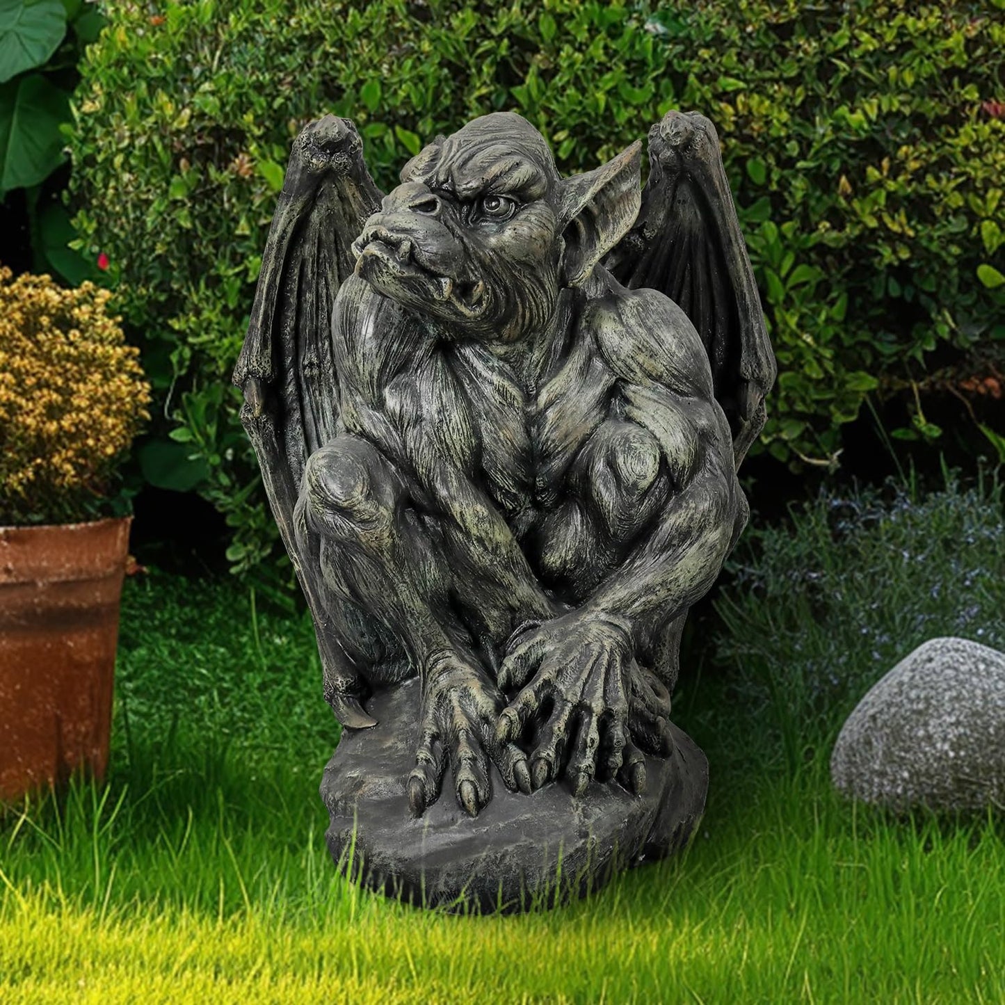 SKYFIRE Sitting Guardian Sculpture - 23.2" Large Silas The Sentry Gargoyle Gothic Statues, Concrete Indoor Outdoor Winged Gargoyle Halloween Figurines for Garden, Lawn, Backyard, Office, Home Decor