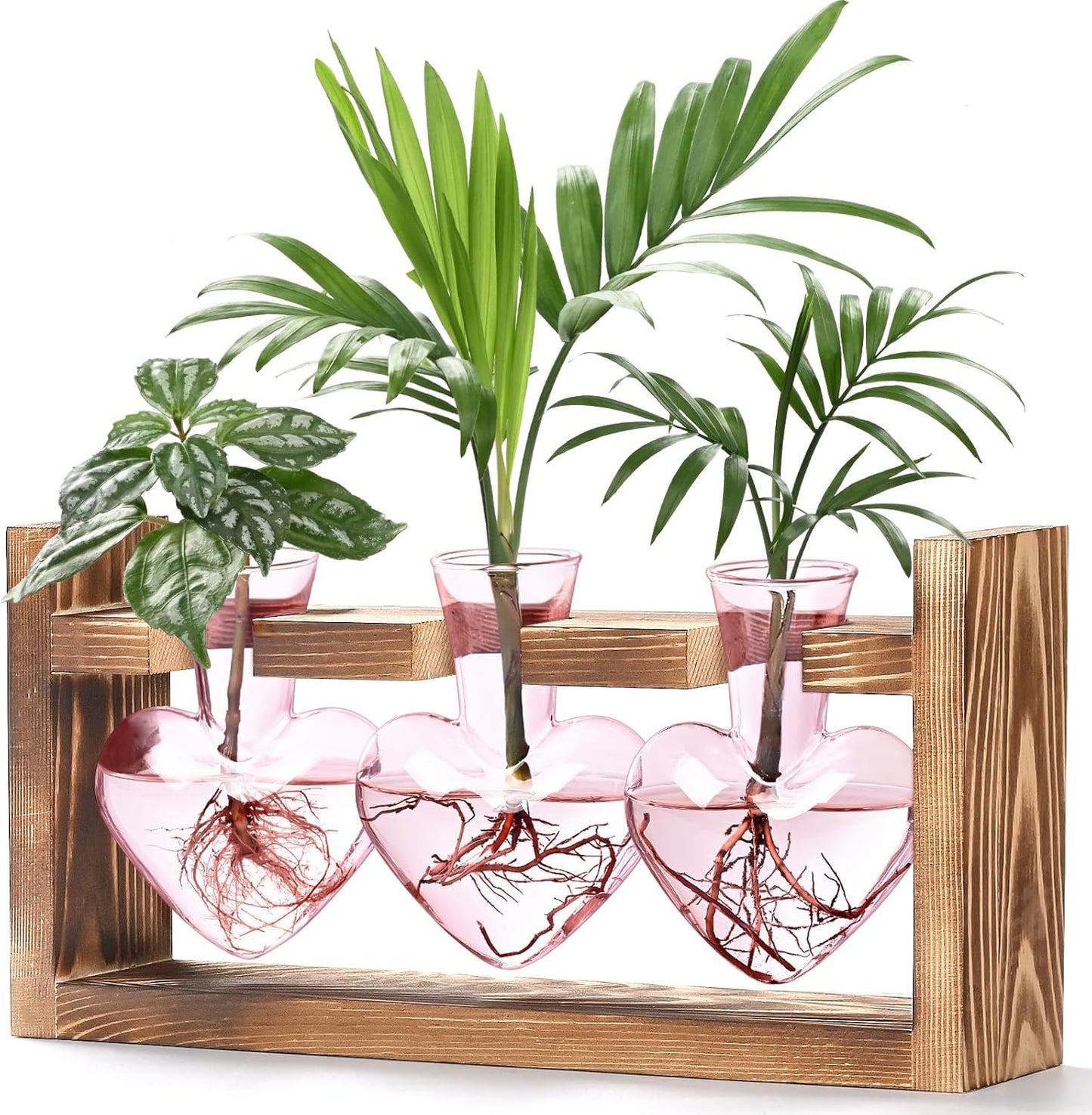 Lifecapido Heart Shaped Propagation Stations, Plant Terrarium with Wooden Stand, Plant Propagation Station for Hydroponics Plants Office Garden Home Decor, Gifts for Women Plant Lover (3 Vases, Pink)