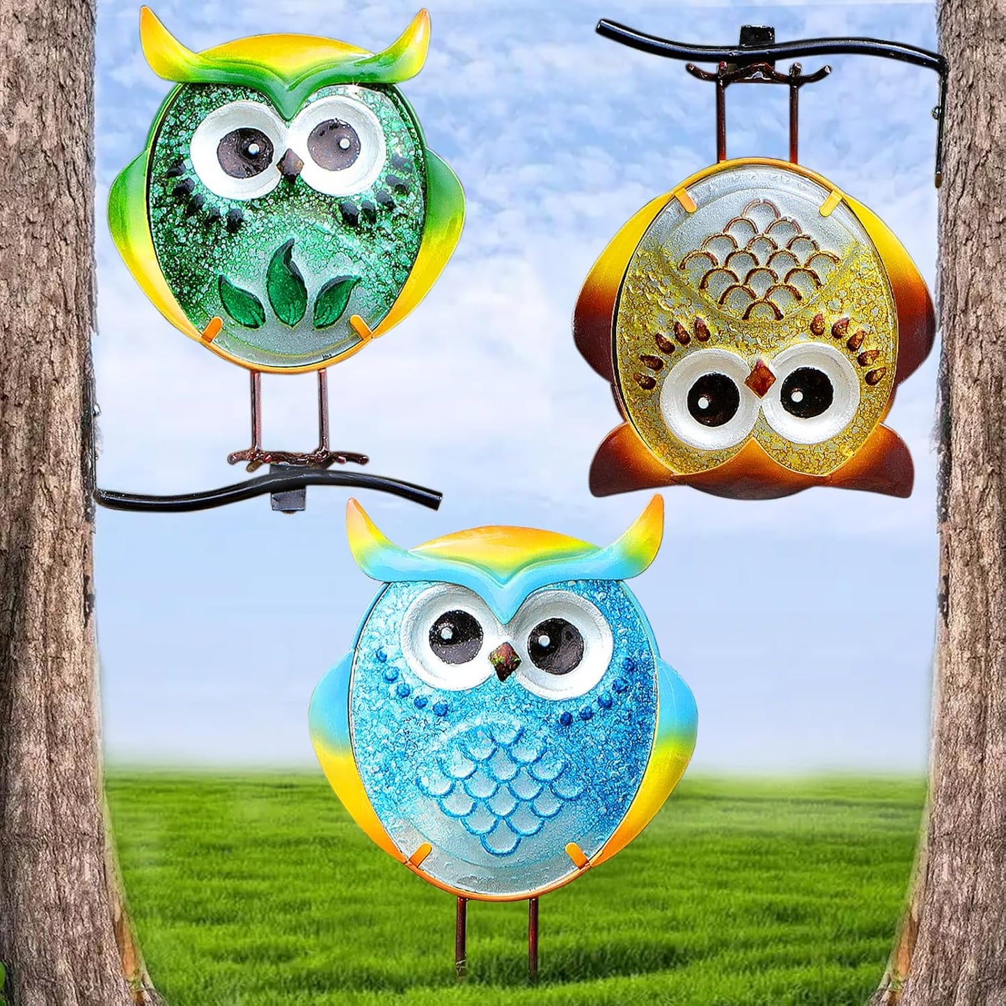 Owl Garden Decor for Outside, Stand & Tree Hugger Outdoor Owls Statues Yard Art Set of 3, Funny Metal & Glass Figurines Gifts for Grandma Mom Women