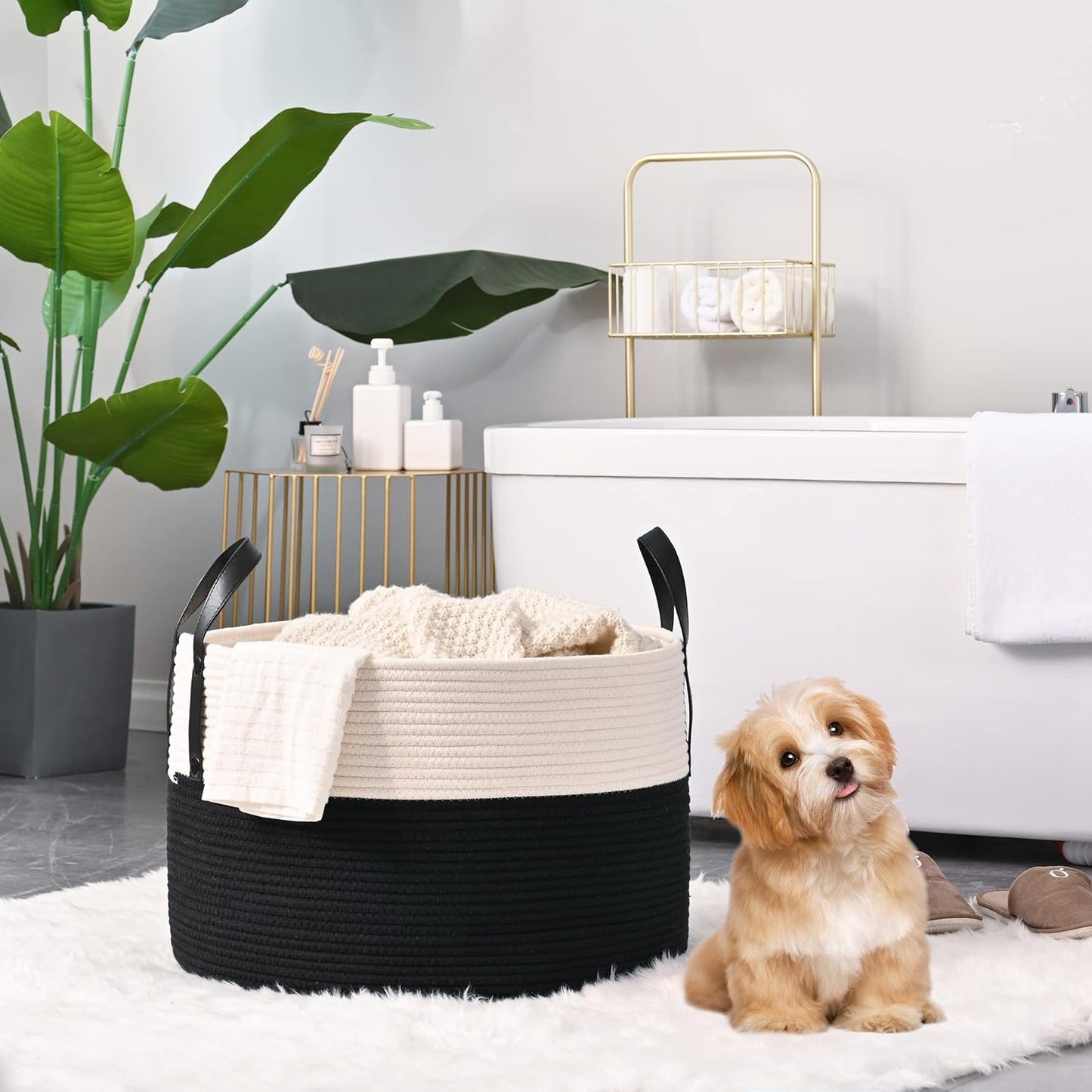 KAKAMAY Large Blanket Basket (20"x13"),Woven Baskets for storage Baby Laundry Hamper, Cotton Rope Blanket Basket for Living Room, Laundry, Nursery, Pillows, Baby Toy chest (White/Black)