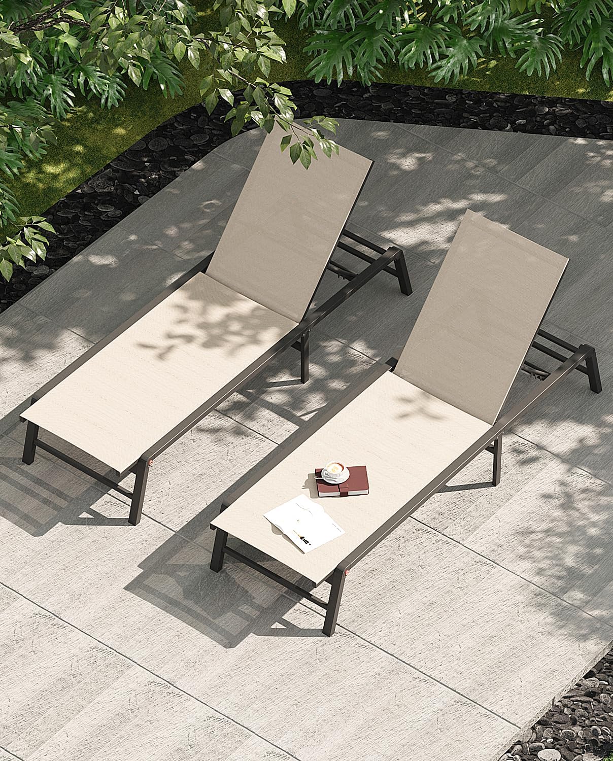 Aluminum Chaise Lounge Chair Outdoor, Foldable Patio Lounge Chair 2 Sets Assemble-Free, Pool Lounge Chairs with 5 Adjustable Backrest, Outdoor Lounge Chairs for Outside Poolside Beach Lawn Beige