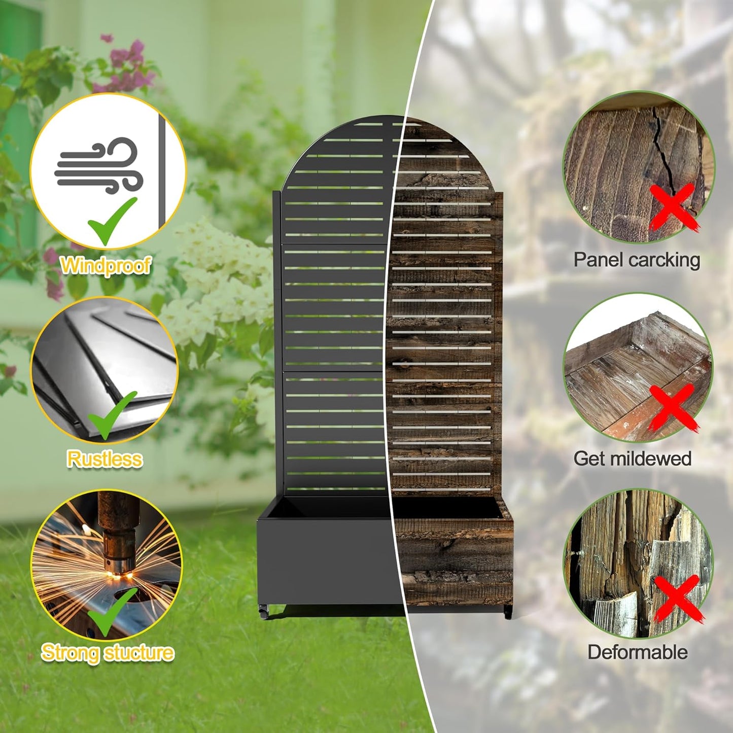 FENCY Metal Raised Garden Bed with Wheels and Trellis,Arched 73"x35"x16" Planter Box for Climbing Plants, Vegetables & Vines, Features Privacy Screen and Drainage Holes (Black-Louvered)