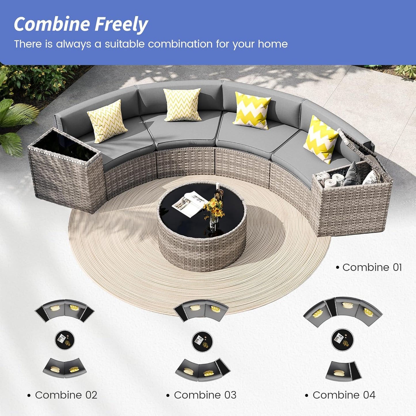 Patio Sectional Furniture Outdoor 7-Piece Grey Rattan Curved Sofa Set with Storage Table, Fit for Pool Backyard Balcony Porch Lawn (Grey)