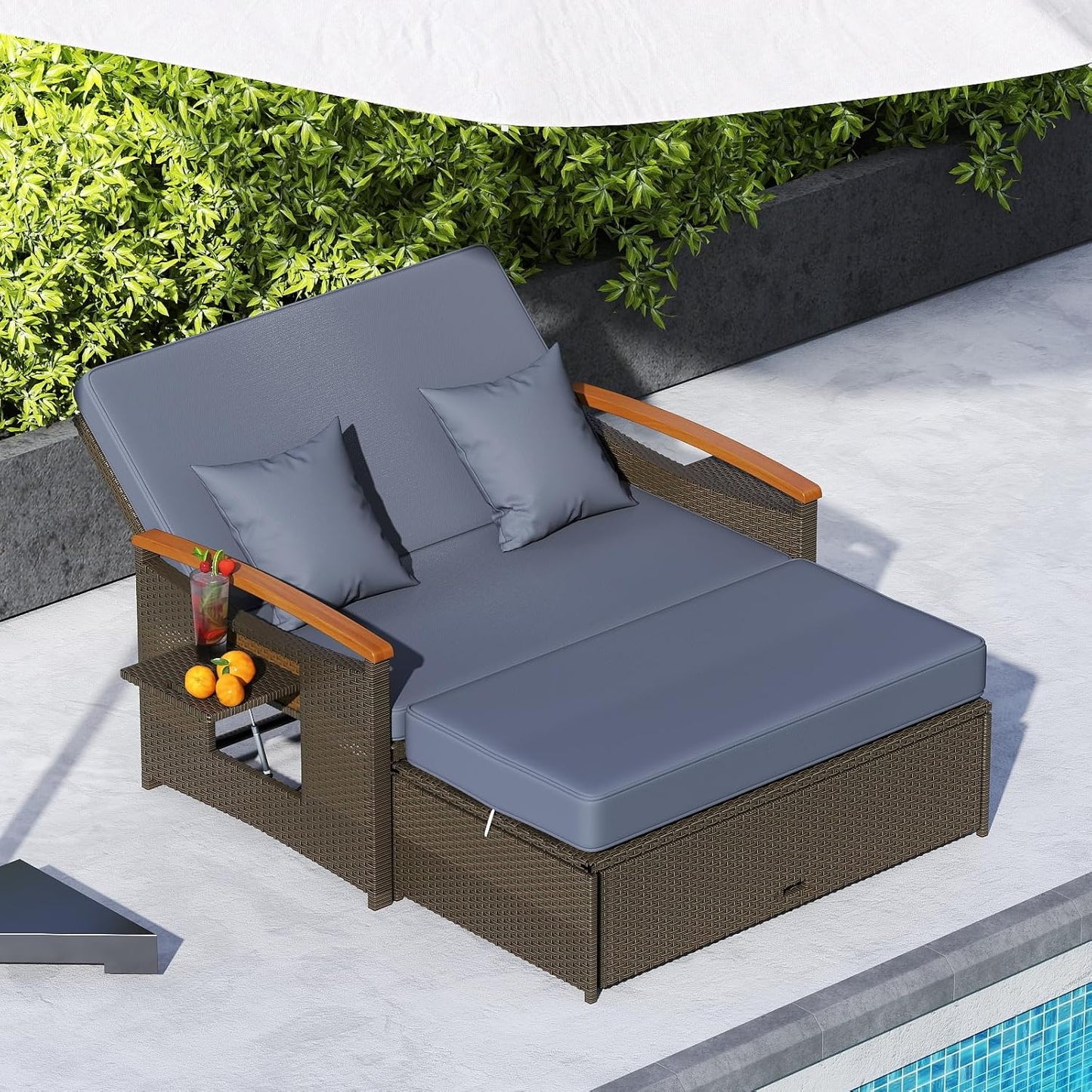 Tangkula Patio Rattan Daybed Set with Cushioned Loveseat and Storage Ottoman, Outdoor Double Chaise Lounger with 4-Level Adjustable Backrest and Retractable Side Trays for Backyard (Gray)
