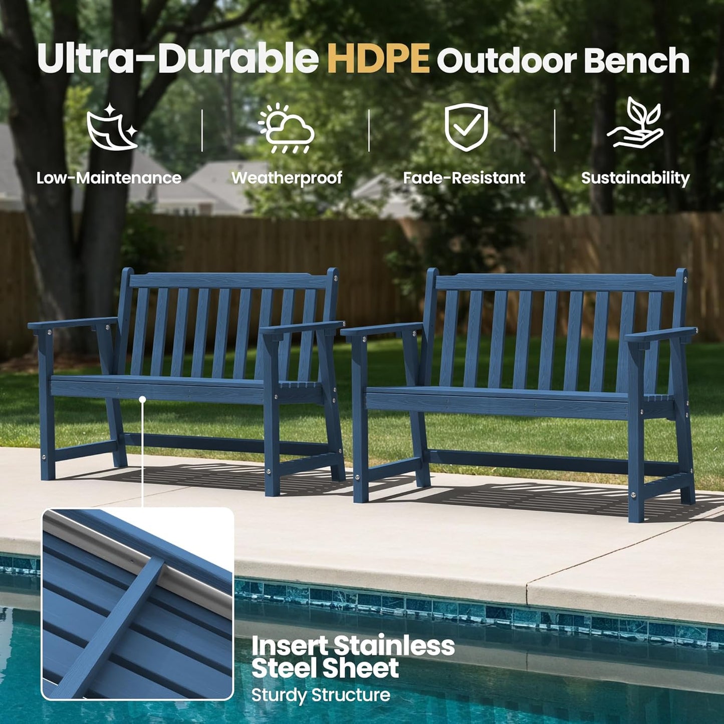 Ciokea 44" Outdoor Bench, HDPE Weatherproof Garden Bench, 2-Person Porch Benches with 550 Lbs, Waterproof Patio Benches for Outside Balcony Deck Backyard, Navy Blue