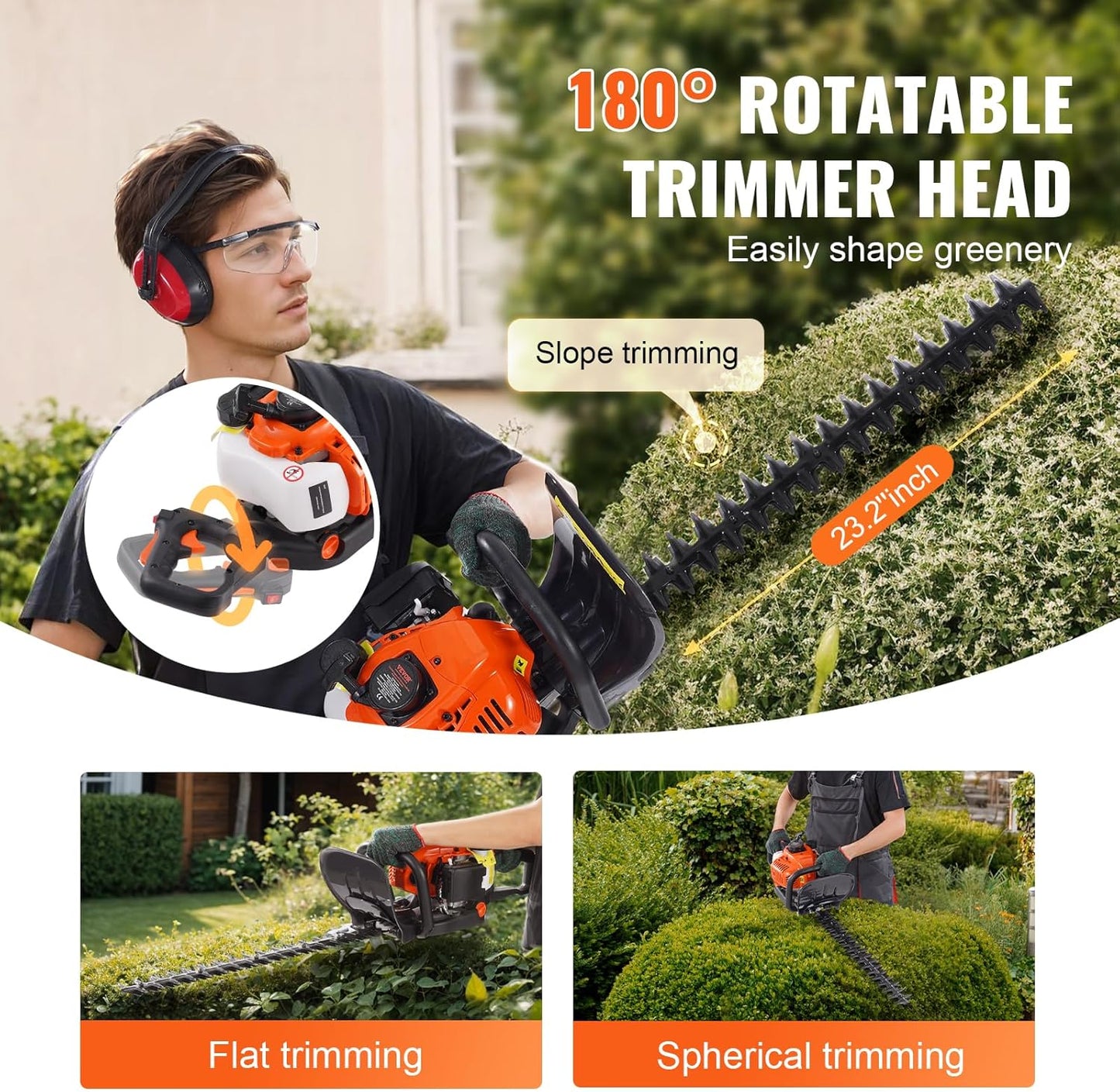 VEVOR Gas Hedge Trimmer 2 Cycle, 23.2-Inch 26cc Dual Sided Blade, Handheld, Lightweight, EPA, CE, EMC Certified, Ideal for Trimming Shrubs and Bushes, Includes Blade Cover, Gloves and Ear Protectors