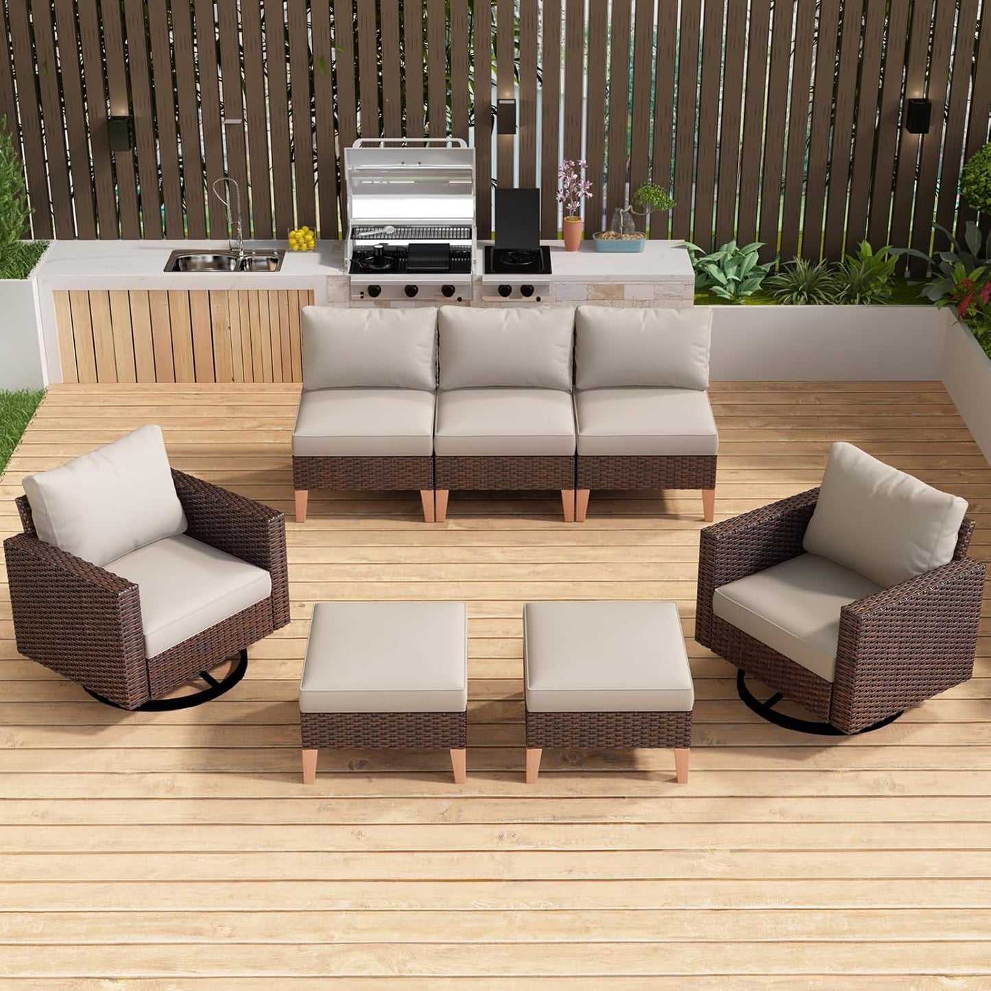 HUMMUH 7 Pieces Patio Furniture,Outdoor Modular Sectional Couch Swivel Rocking Chairs with Ottomans,All Weather PE Wicker Patio Conversation Sets for Garden Porch Backyard