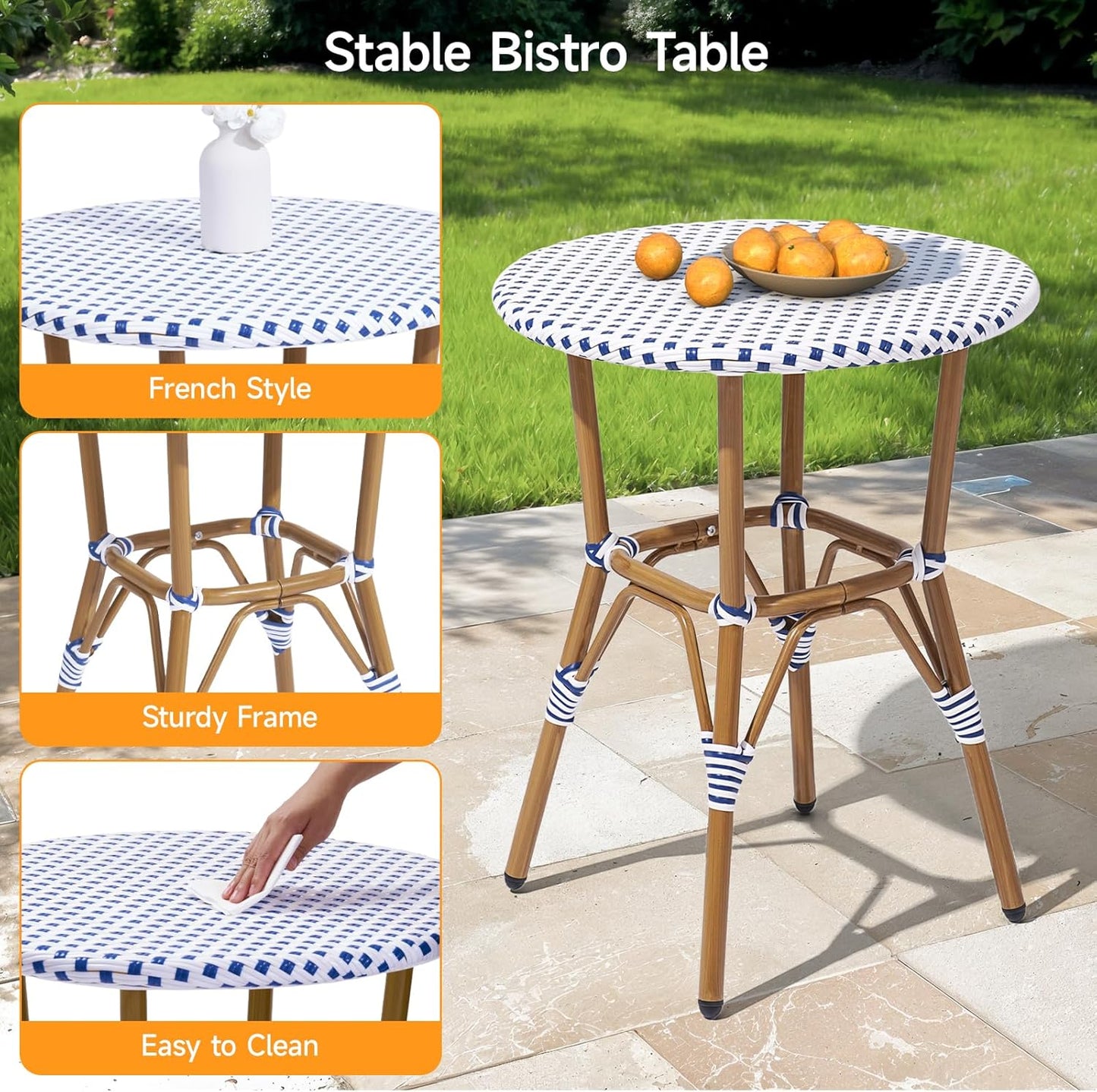 3 Piece French Wicker Bistro Set, Patio Bistro Set with Table and 2 Dining Chairs, All Weather ‎Outdoor ‎Bistro Set with Aluminum Frame, Outdoor Patio Set for Patio Porch Cafes Yard, Navy and White