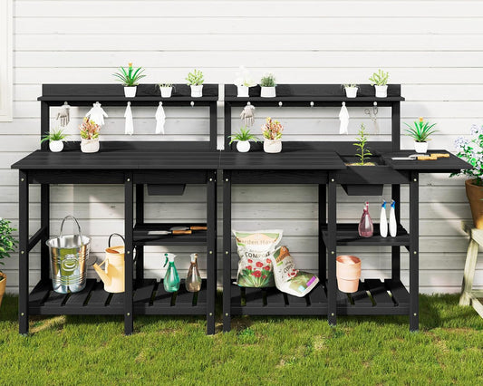 SERWALL Potting Bench Set of 2 Outdoor Potting Table with Sink, HDPE Potting Benches for Outside Gardening Table All Weather Use- Black