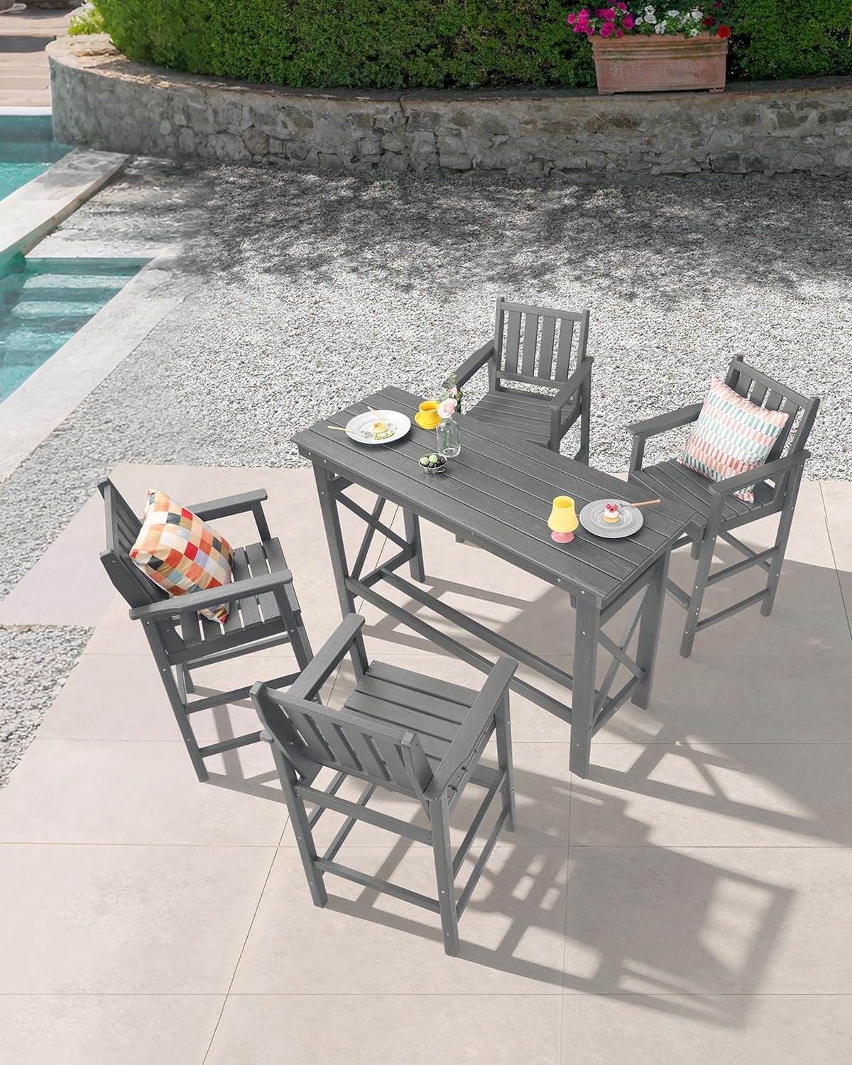 5-Piece HDPE Patio Bar Set, Rectangular Bar Height Table and 4 Adirondack Bar Chairs, Weatherproof Outdoor Bar Stools Set, Outdoor Bar Table and Chairs Set for Deck, Balcony, Pool, Smoke Gray