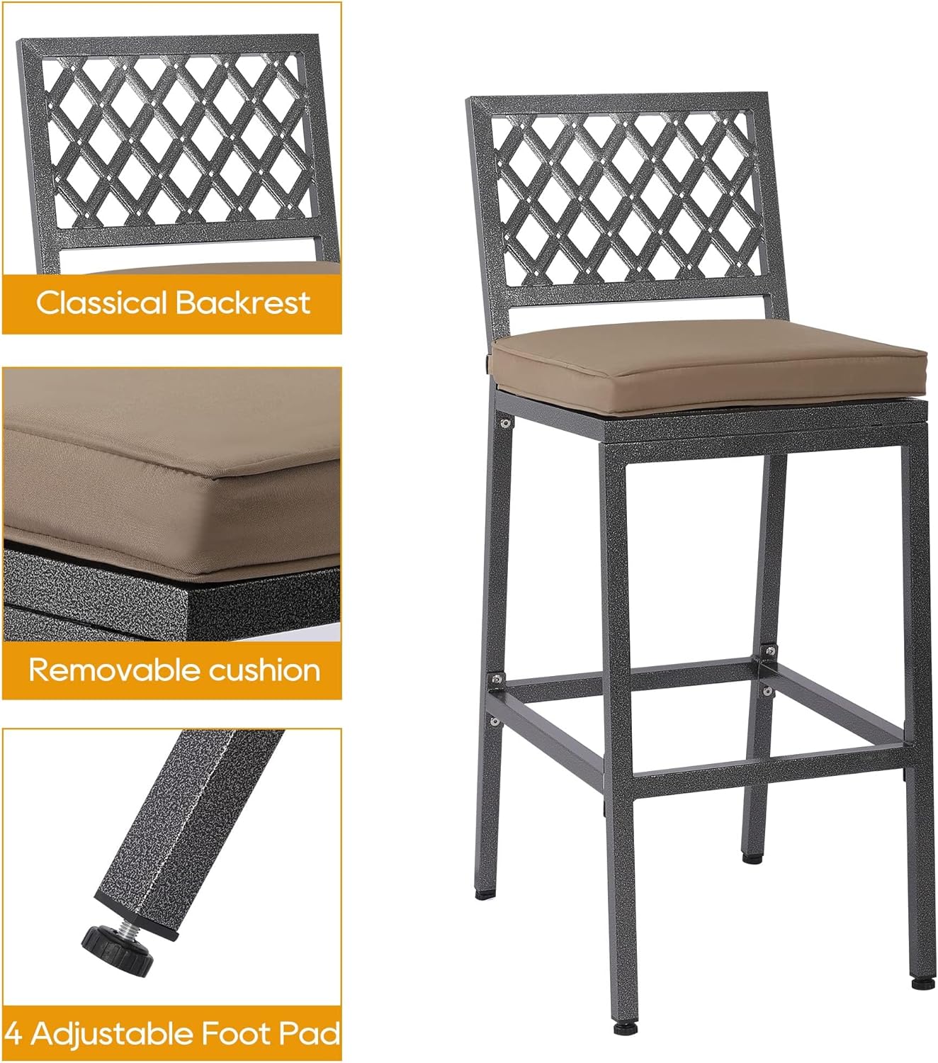 Outdoor Patio Bar Set, Bar Height Patio Dining Set, Weather-Resistant Bistro Counter Pub Set with Cushions & Slatted Tabletop for Backyard, Garden, Yard (47" Table, 2 "X Style Stool, Gray)
