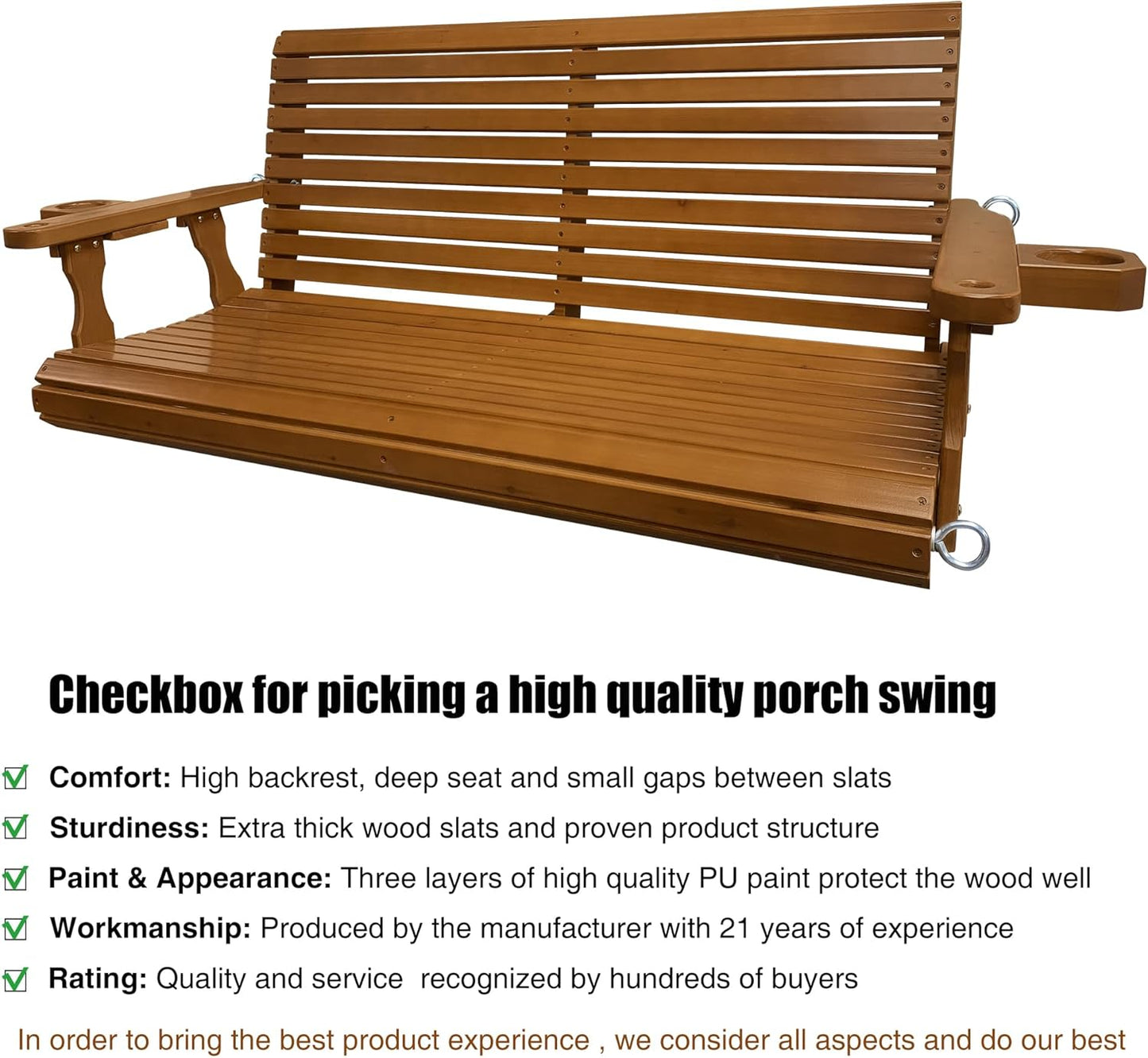 Wooden Porch Swing 2-Seater, Bench Swing with Cupholders, Hanging Chains and 7mm Springs, Heavy Duty 880 LBS, for Outdoor Patio Garden Yard (Cedar Tone, 4.5 FT Extra Large)