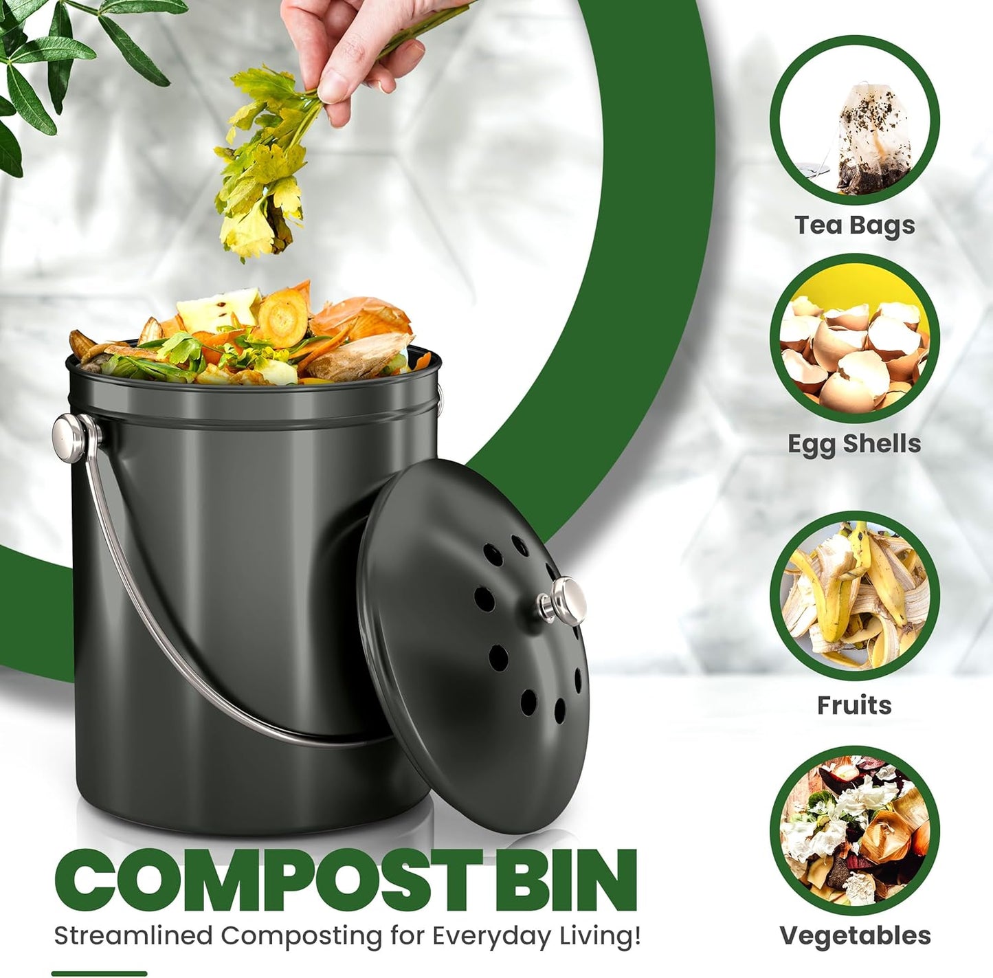 Utopia Kitchen Compost Bin for Kitchen Countertop, 1.3 Gallon Compost Bucket for Kitchen with Lid, Includes 1 Spare Charcoal Filter (Grey)