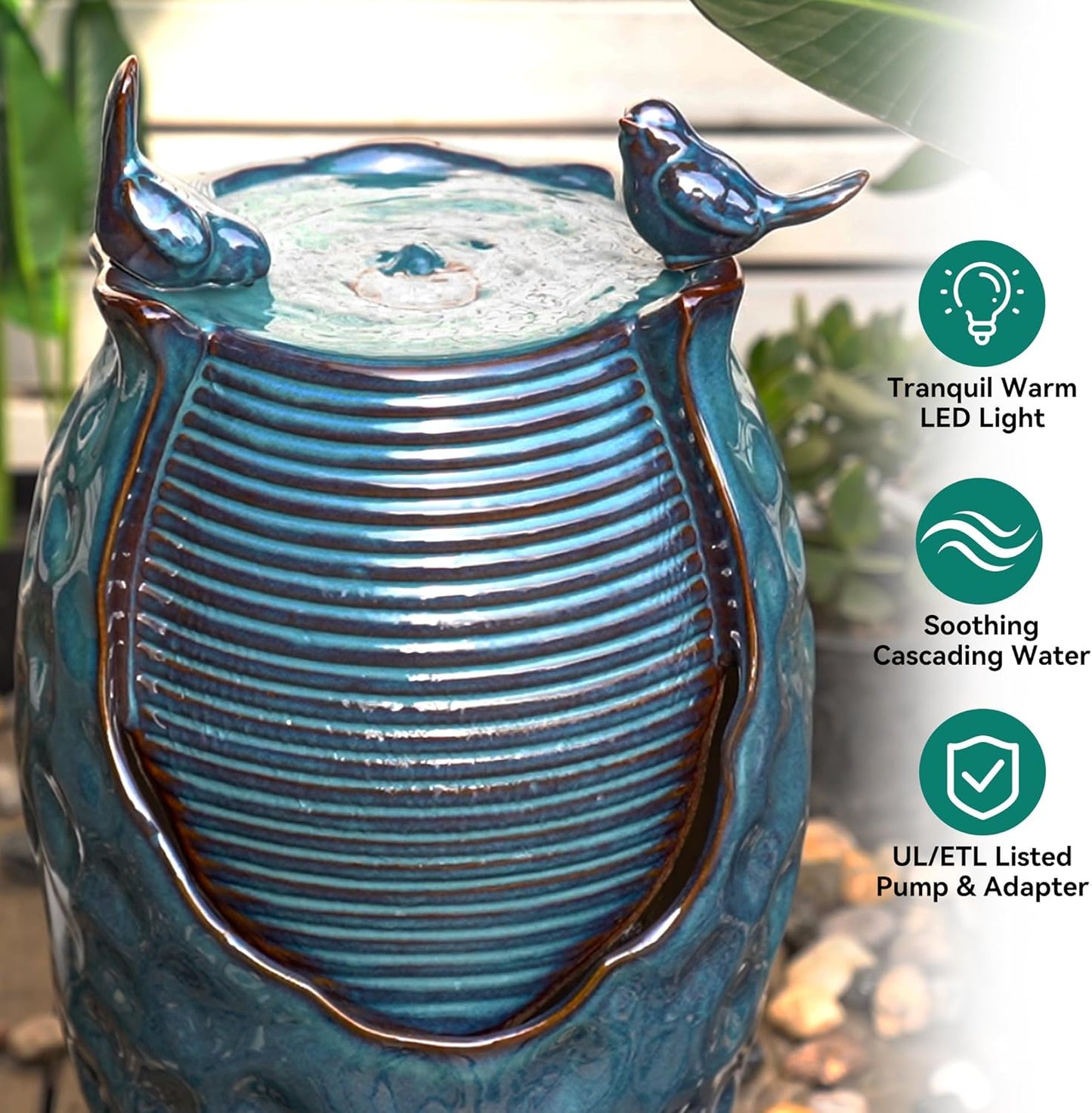 24.8" H Ceramic Jar Outdoor Water Fountain with LED Lights & Bird Accents, Elegant Turquoise Glaze with Bubble-Like Texture, Decorative Garden Water Feature