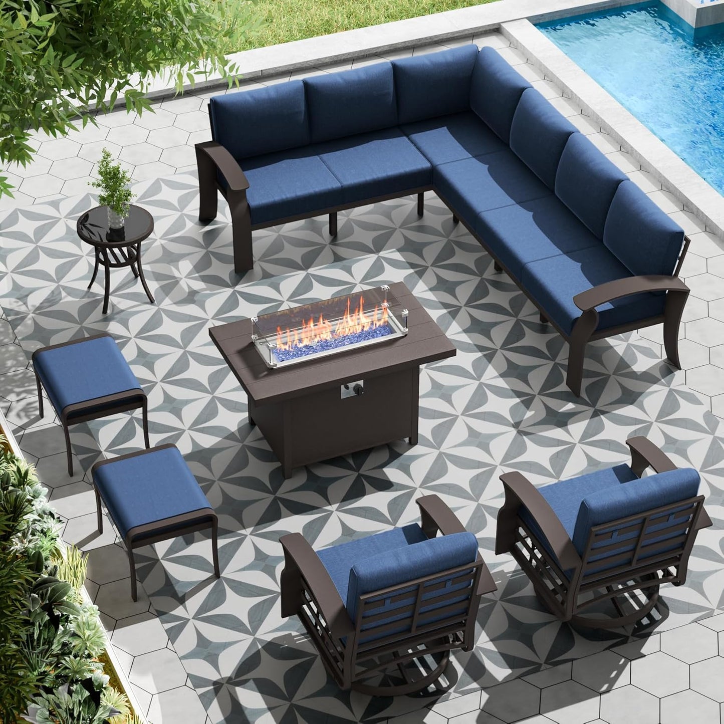 Aluminum Patio Furniture Set with Fire Pit Table, 10 Seats Outdoor Patio Conversation Set with Swivel Chair Modern Metal Patio Sectional Sofa with Coffee Table for Patio, Backyard(Navy Blue).