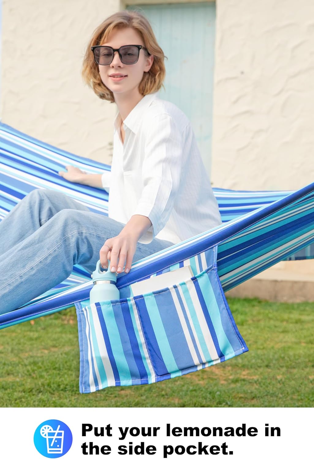 Double Quilted Fabric Tree Hammock with Spreader Bar, 14ft Hammocks 2 Person for Outside, Fits 12ft -14ft Hammock Stand, Large Pillow, Side Pocket & Carabiner, Max 475 lbs Capacity (Ocean Blue)