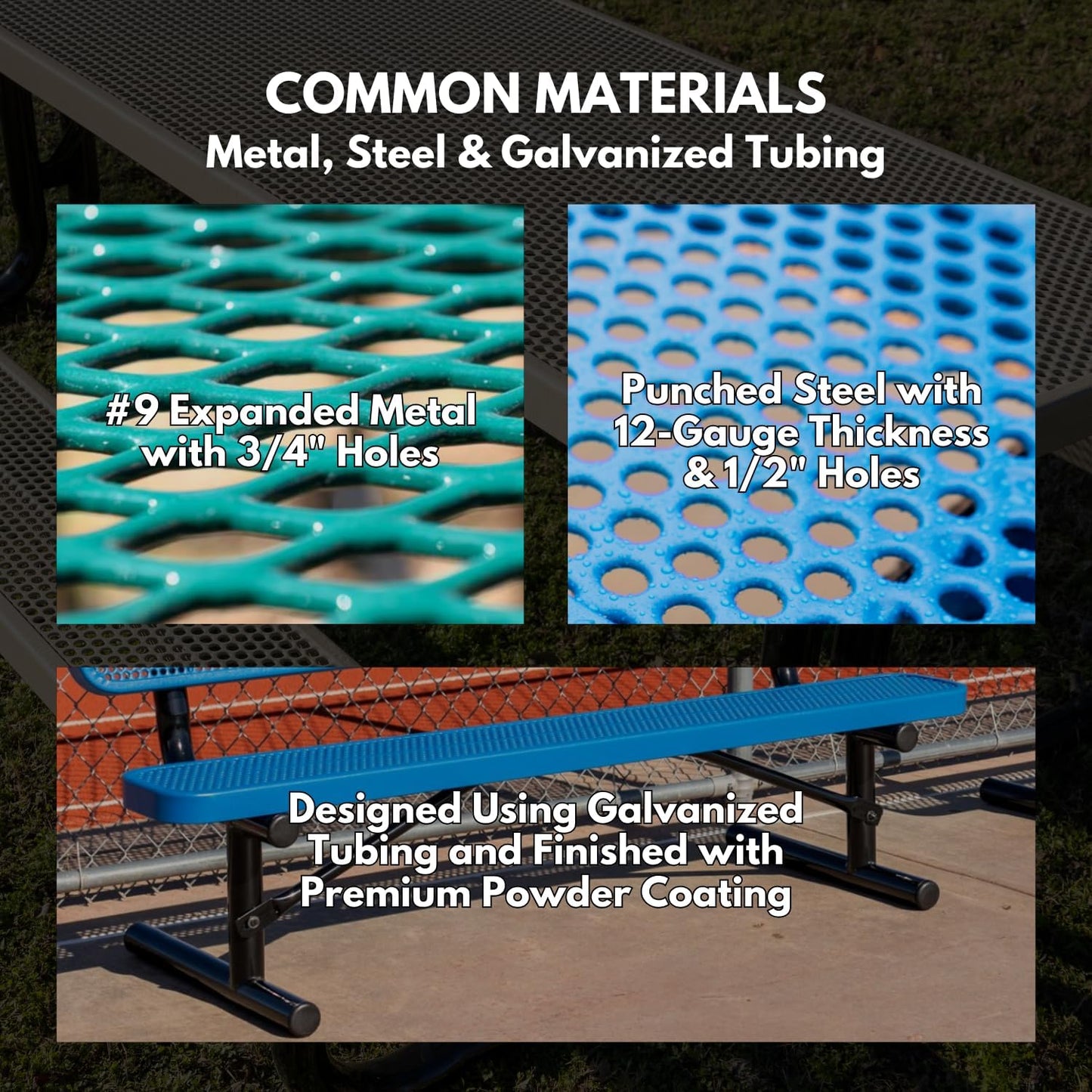 Coated Outdoor Furniture Heavy-Duty Outdoor Bench Thermoplastic Coated, Expanded Metal, Commercial-Grade Seating, Made in America (Inground with Back, 8 Ft, Textured Grey)