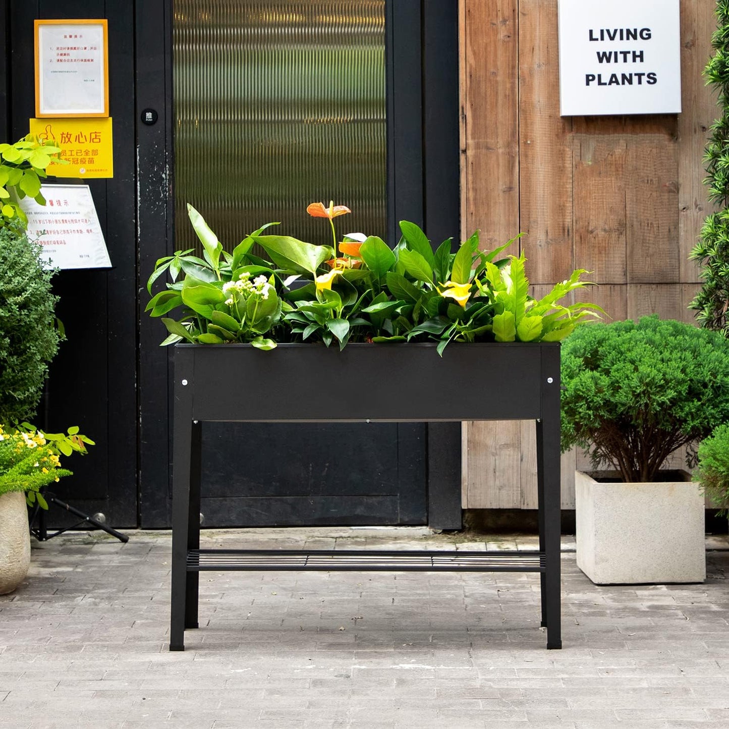 Piksedo Raised Garden Bed, Elevated Planter Metal Plant Box with Legs Standing Garden Stand Drainage Holes Frosted Black