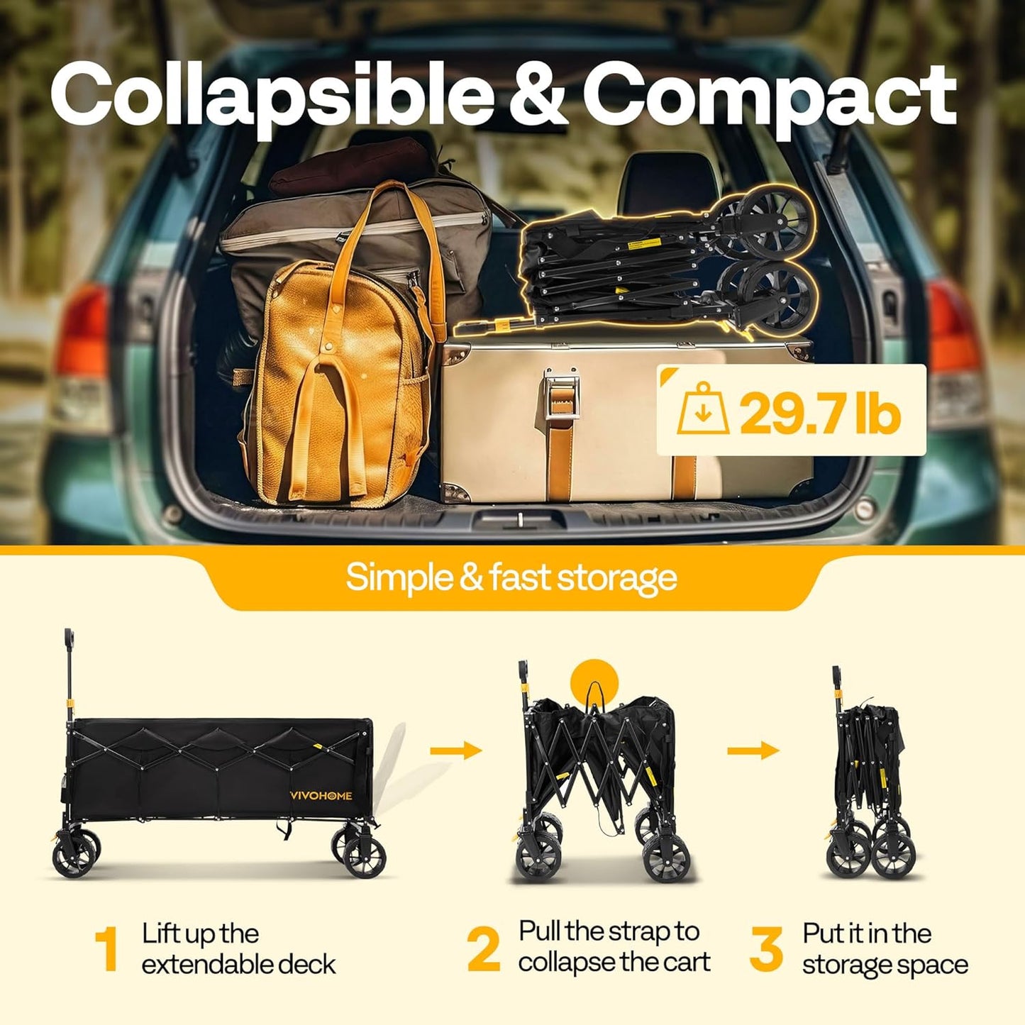 VIVOHOME 48''L Extended Collapsible Wagon Cart with 440lbs Weight Capacity, Heavy Duty 350L Folding Utility Garden Cart with Extended Tailgate and Big All-Terrain Beach Wheels