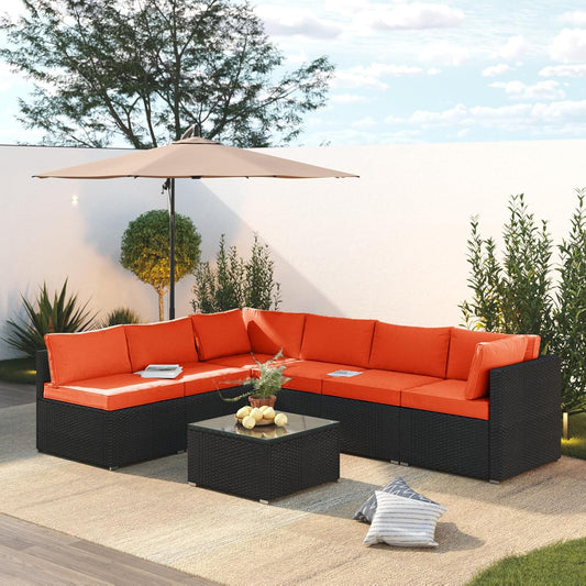 7 Piece Patio Furniture Set, Outdoor Couch Set—All-Weather Outdoor Furniture Sectional w Water Resistant Thick Cushions, Patio Sofa Set w 2 Extra Pillows and Coffee Table, Orange/Black
