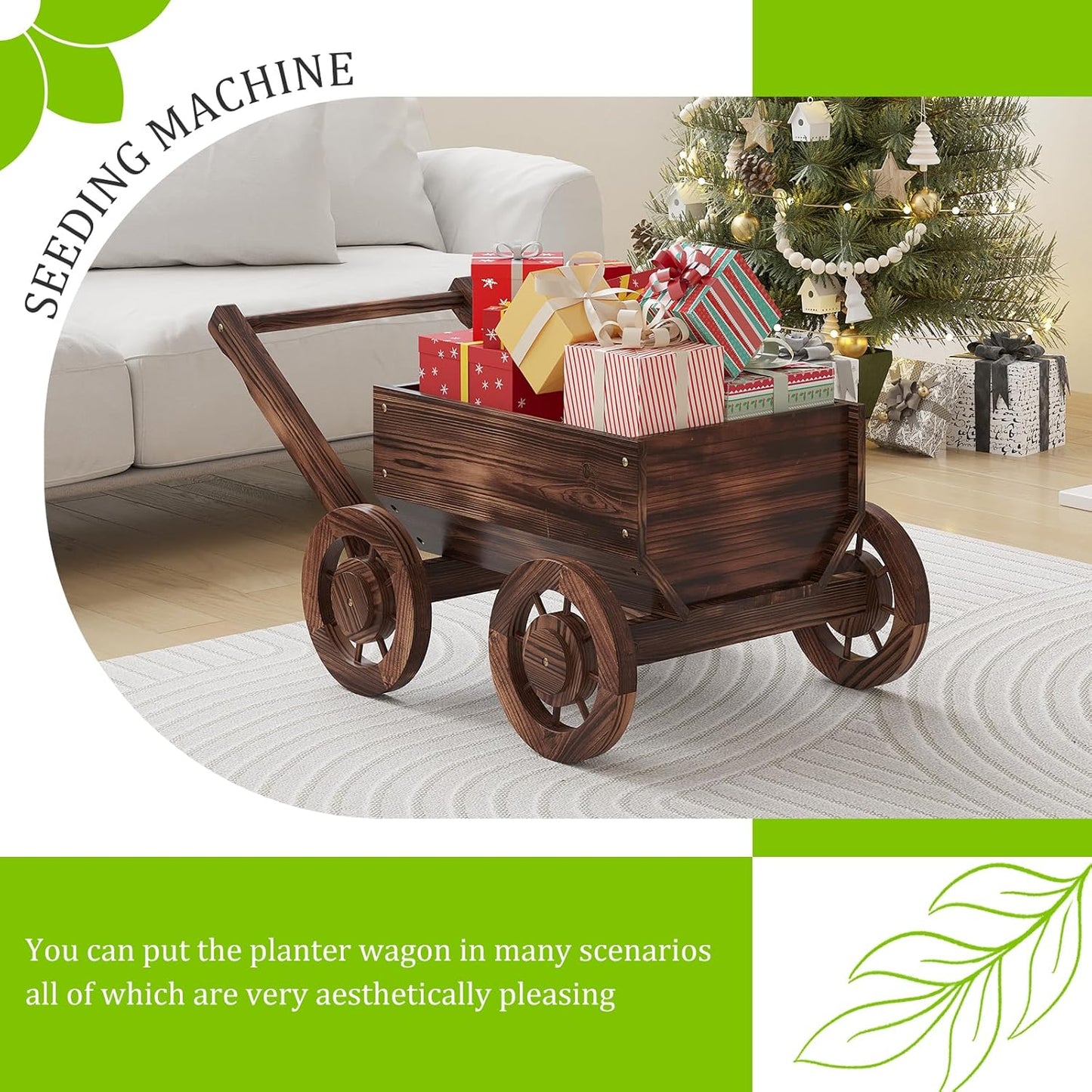 Wooden Flower Cart with Wheels Wooden Wagon Planter Outdoor Garden Planter Decor Planter for Patio Balcony Trolley Decoration Succulent Flower Pot, Indoor Backyard Balcon Decor.（S）