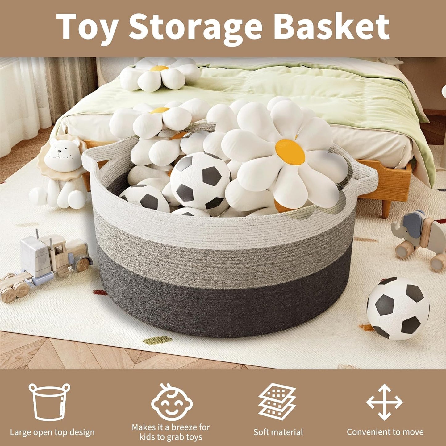 125L Extra Large Blanket Basket, 25" x 16", Jumbo Laundry Woven Baskets Decorative Home, Cotton Rope Basket with Handles, Baby Toy Baskets for Storage, Gradual Gray