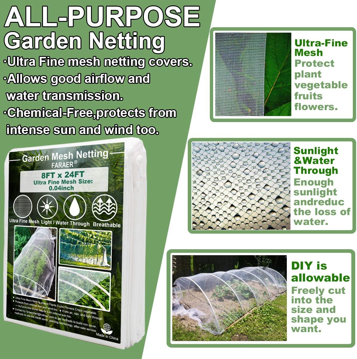 Ultra Fine Garden Mesh Netting, FARAER Plant Covers 8'x24' Garden Netting for Protect Vegetable Plants Fruits Flowers Crops Greenhouse Row Cover Protection Mesh Net Patio Gazebo Screen Barrier Net