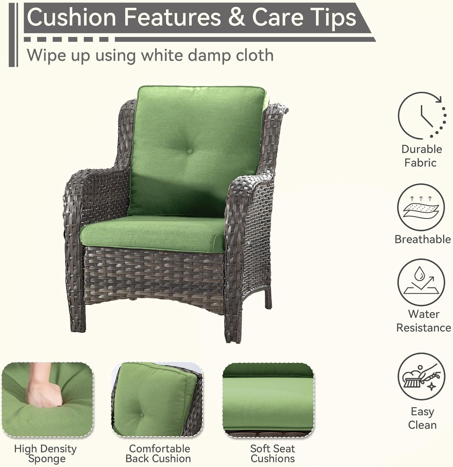 Patio Wicker Chairs Set of 2, Patio Rattan Dining Chairs with 3.5-inch Seat Cushions, High Back and Curved Armrest for Garden, Backyard, Balcony and Deck, Green