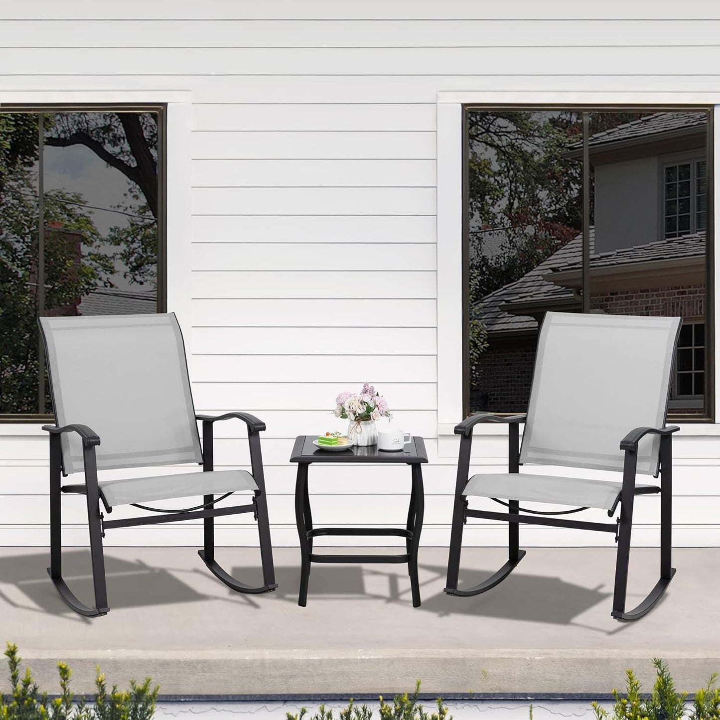 Shintenchi 3 Piece Rocking Bistro Set, Outdoor Furniture with Rocker Chairs and Glass Coffee Table Set of 3, Balcony, Porch Furniture for Small Space, Light Gray