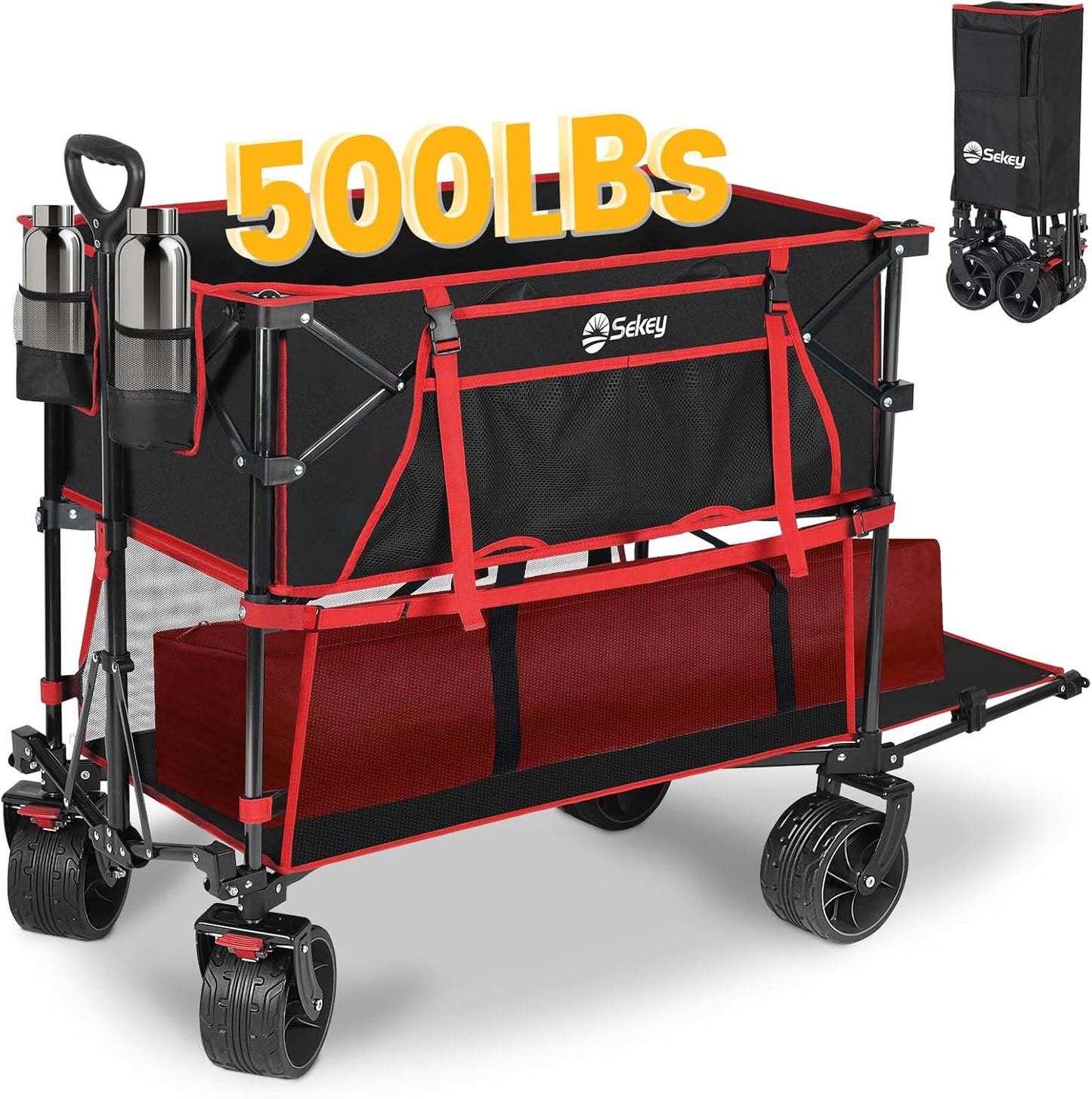 400L Large Capacity Folding Double Decker Wagon with Brakes, 48" Extra Long Extender Cart, 500lbs Heavy Duty Collapsible Wagons, All-Terrain Big Wheels for Camping, Sports, Shopping. Red&Black