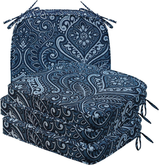 Round Corner Seat Cushions, 17" x 16" x 2", Set of 4, Indoor Outdoor Water Repellent Universal Chair Pads with Ties for Patio Furniture, Garden Deck Dining Chairs, Damask Blue Flower